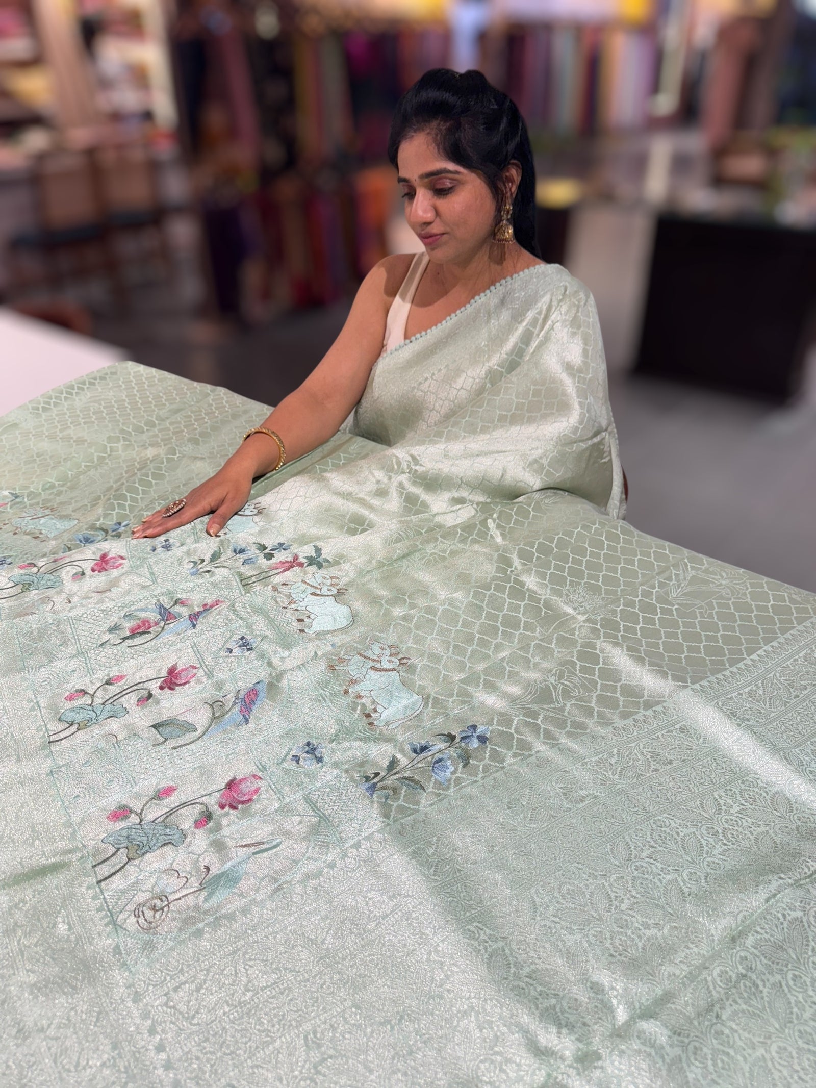 Mint Fancy Banarasi saree with embroidery