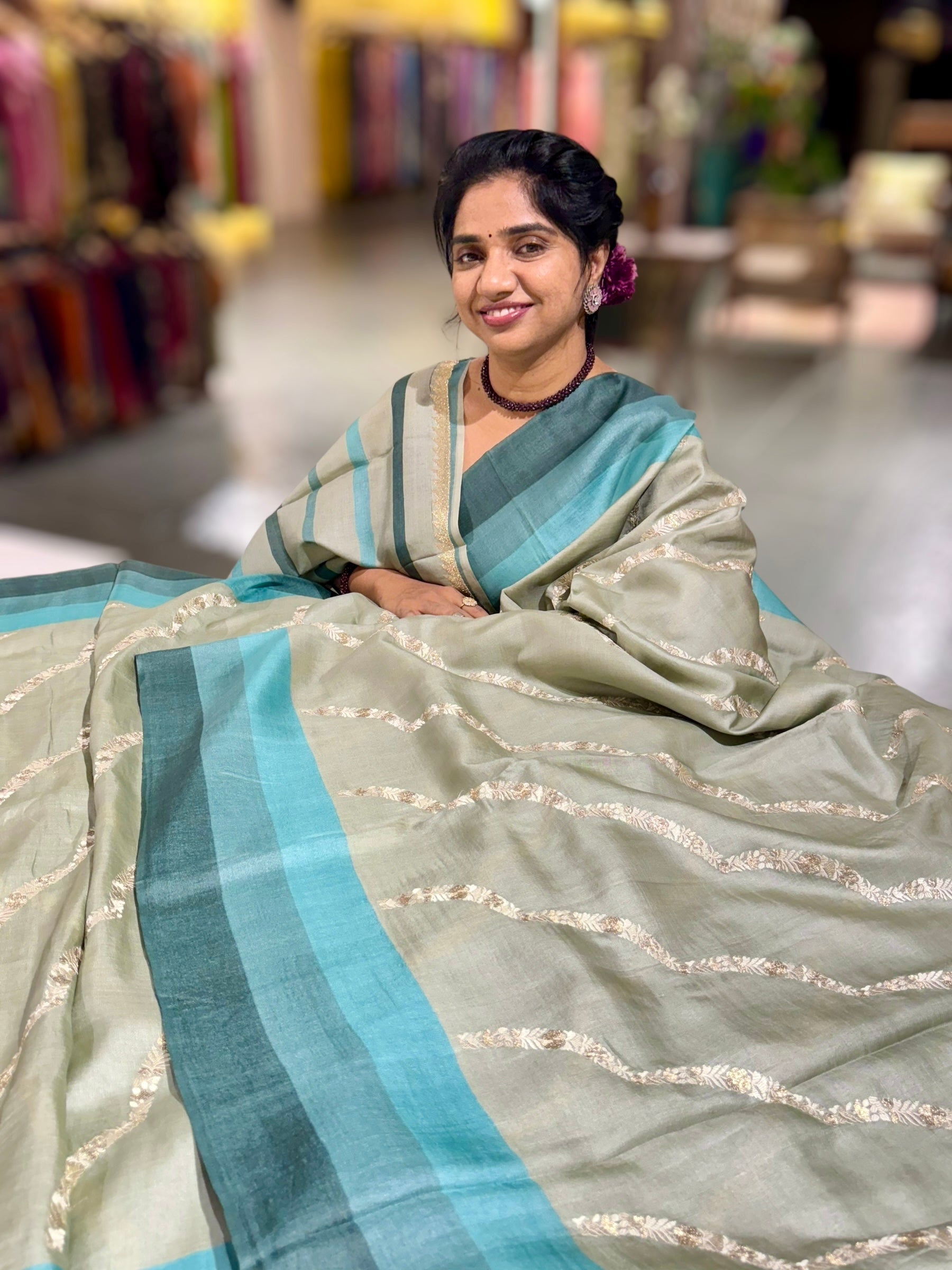 Sage Green  Embroidered Tussar Saree