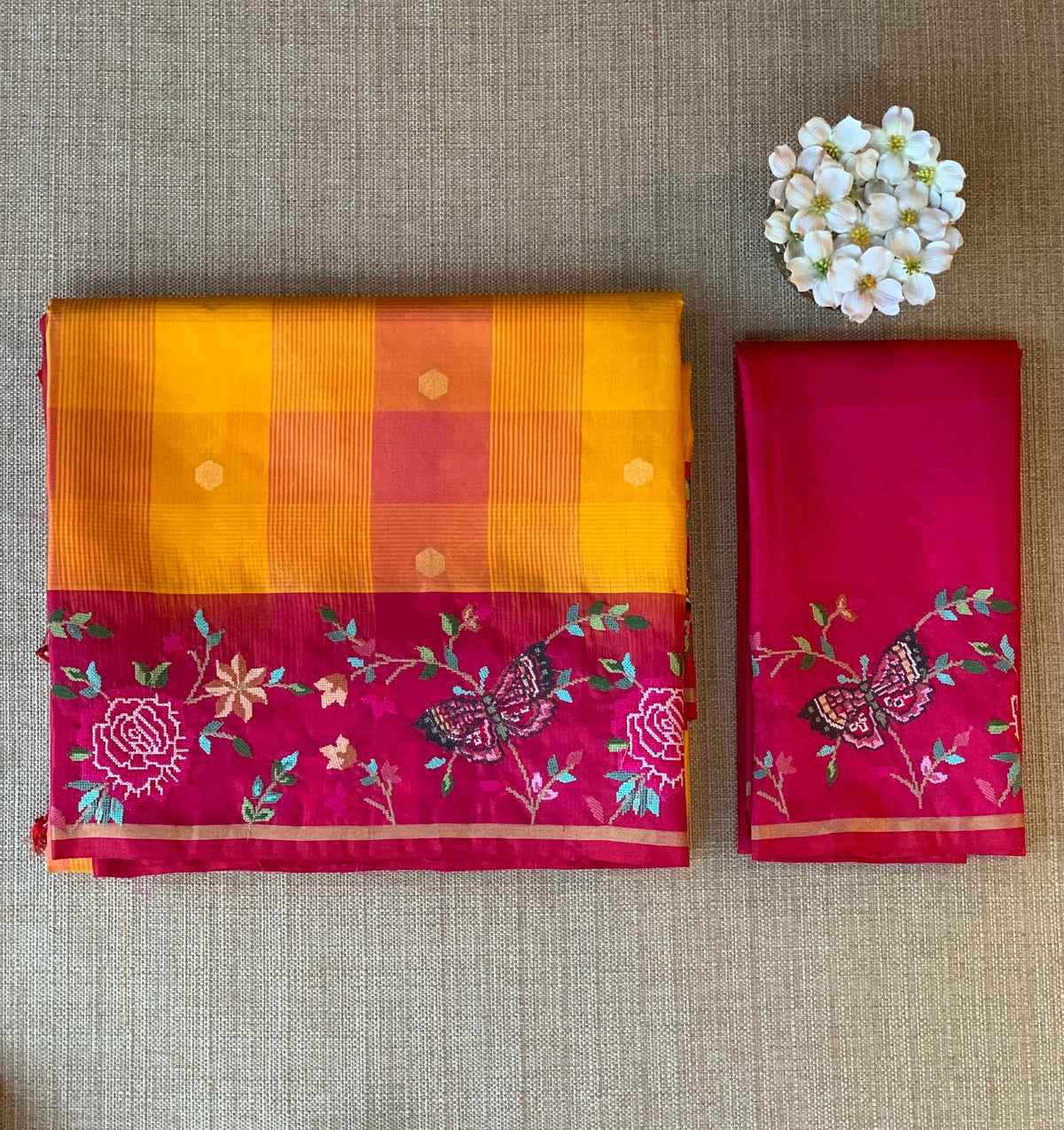 Mustard checks vintage style Kanchi Soft Silk Saree with petite point embroidered border