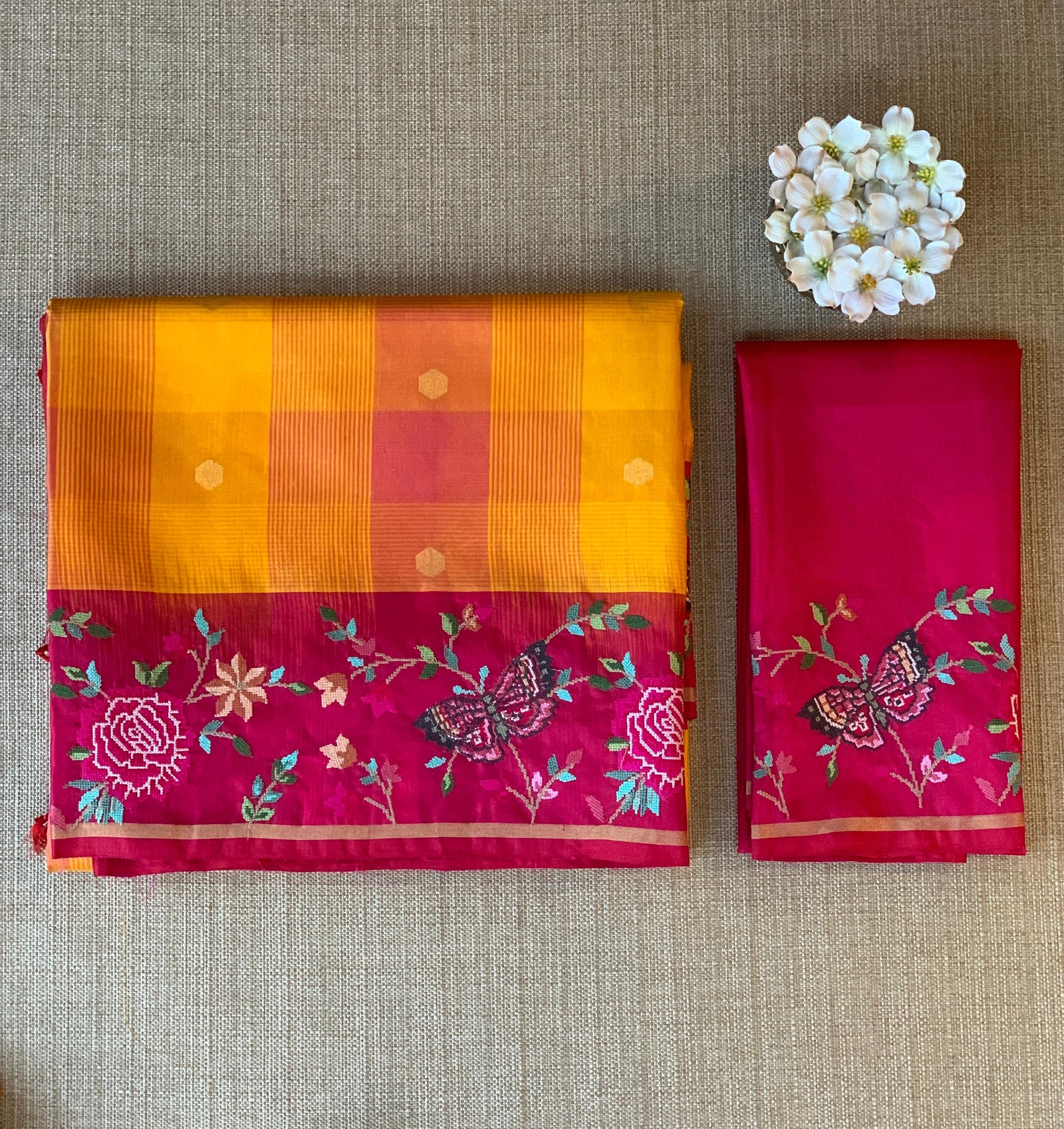 Mustard checks vintage style Kanchi Soft Silk Saree with petite point embroidered border