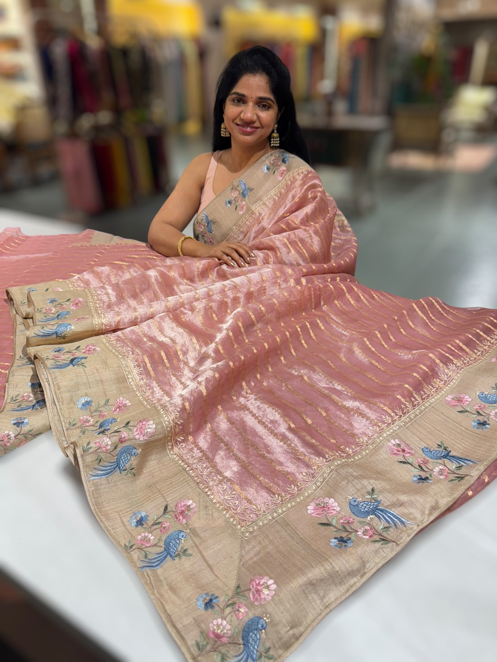 Dusty Pink Pure Handloom Tissue Saree with pure Tussar embroidered border