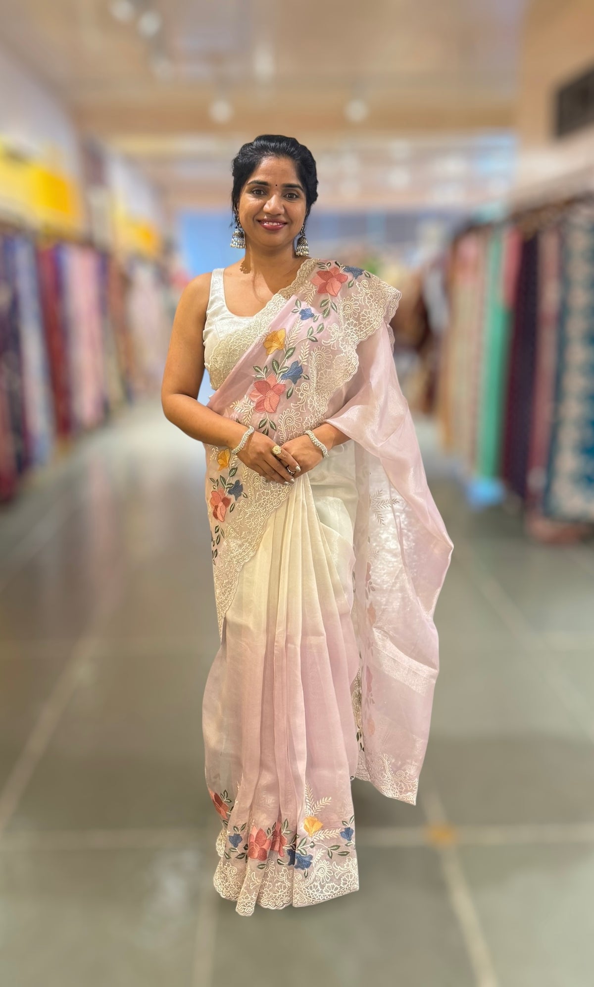 lilac &amp; Silver Ombre dyed Tissue Saree with Cutwork embroidered Borders