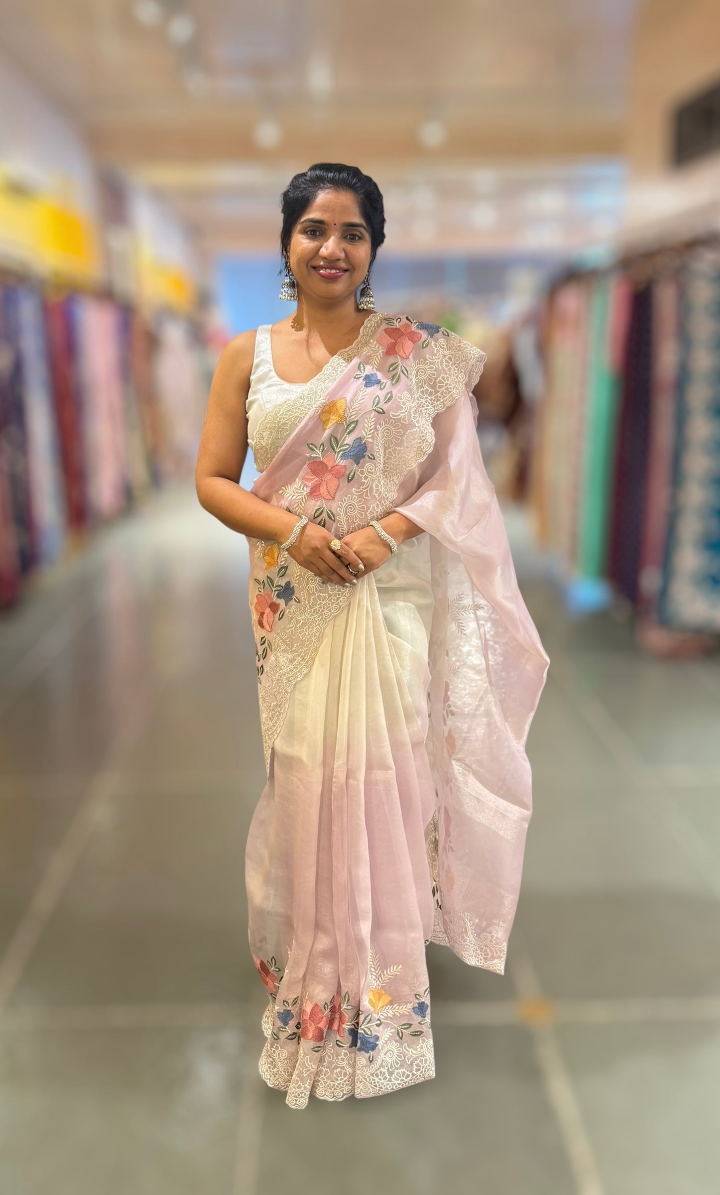 lilac & Silver Ombre dyed Tissue Saree with Cutwork embroidered Borders