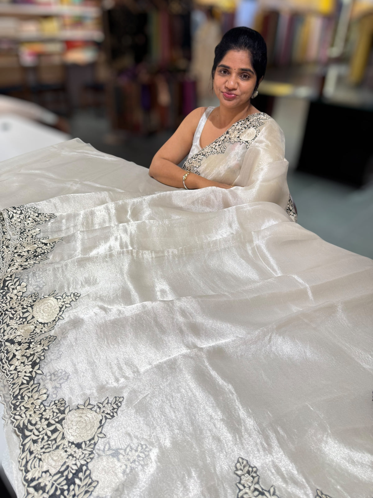 Silver Banarasi Tissue Saree with Parsi gara embroidery