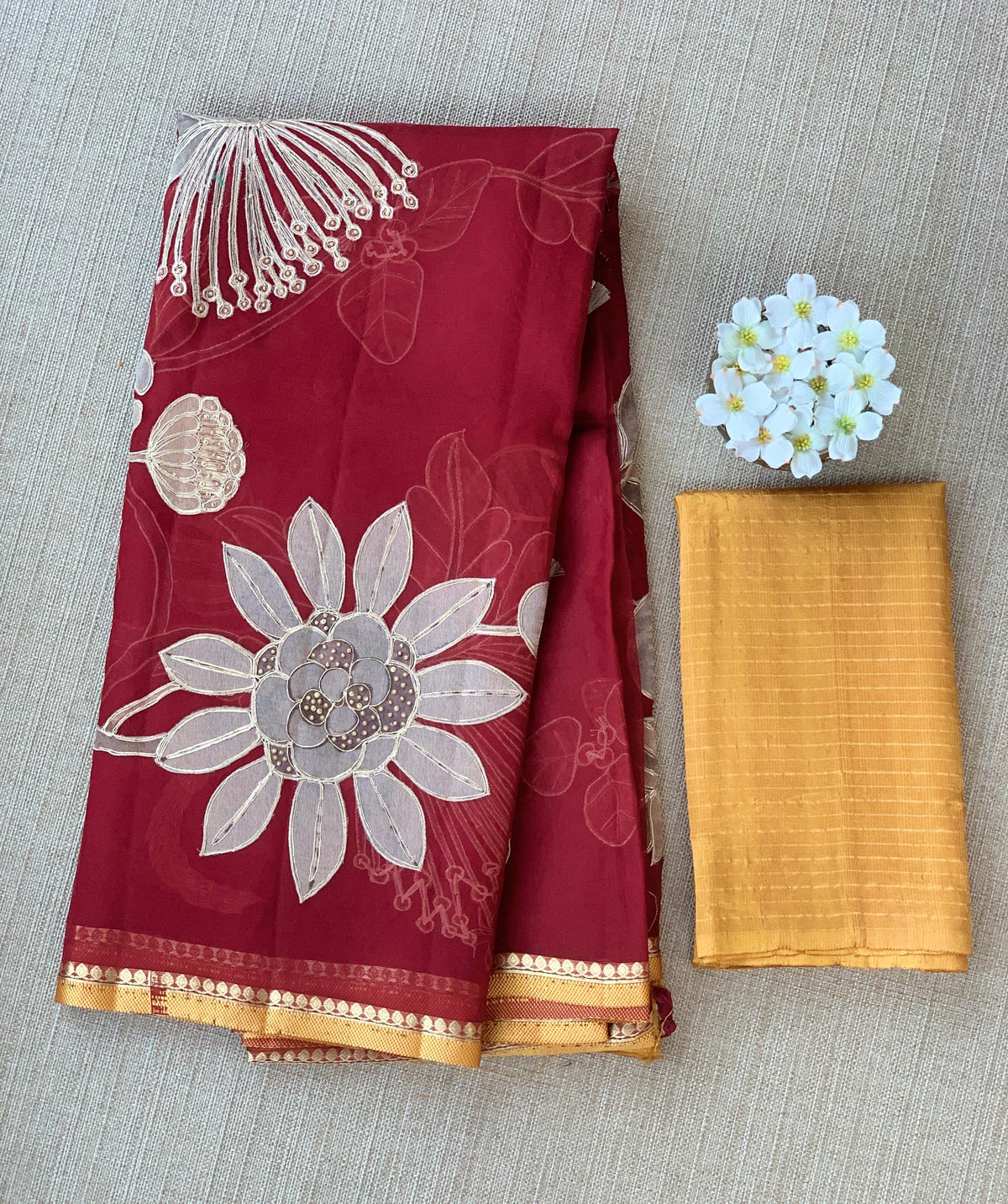 Maroon Designer Organza with Tissue applique work