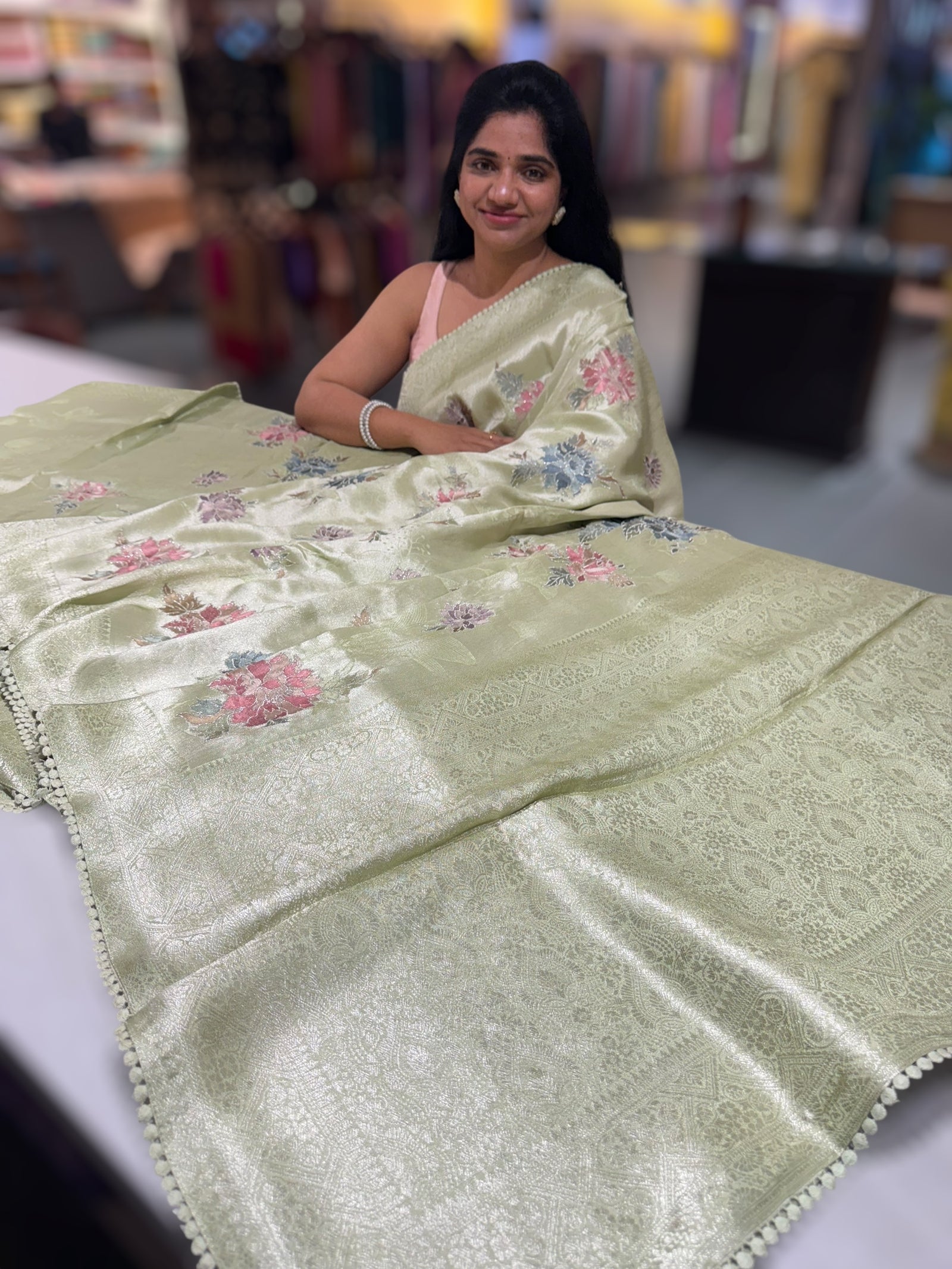 Light sea Green Banarasi Brocade tissue saree with allover floral embroidery