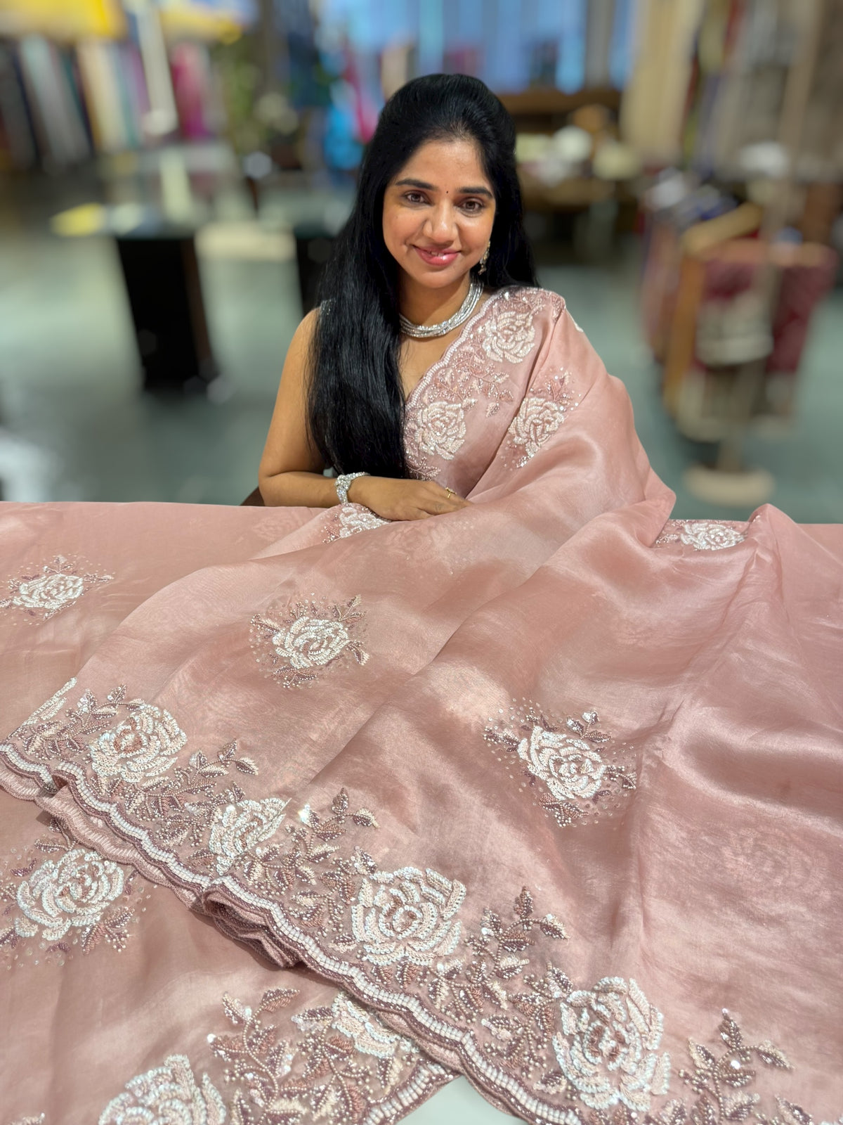 Nude Pink Organza with Rose handwork