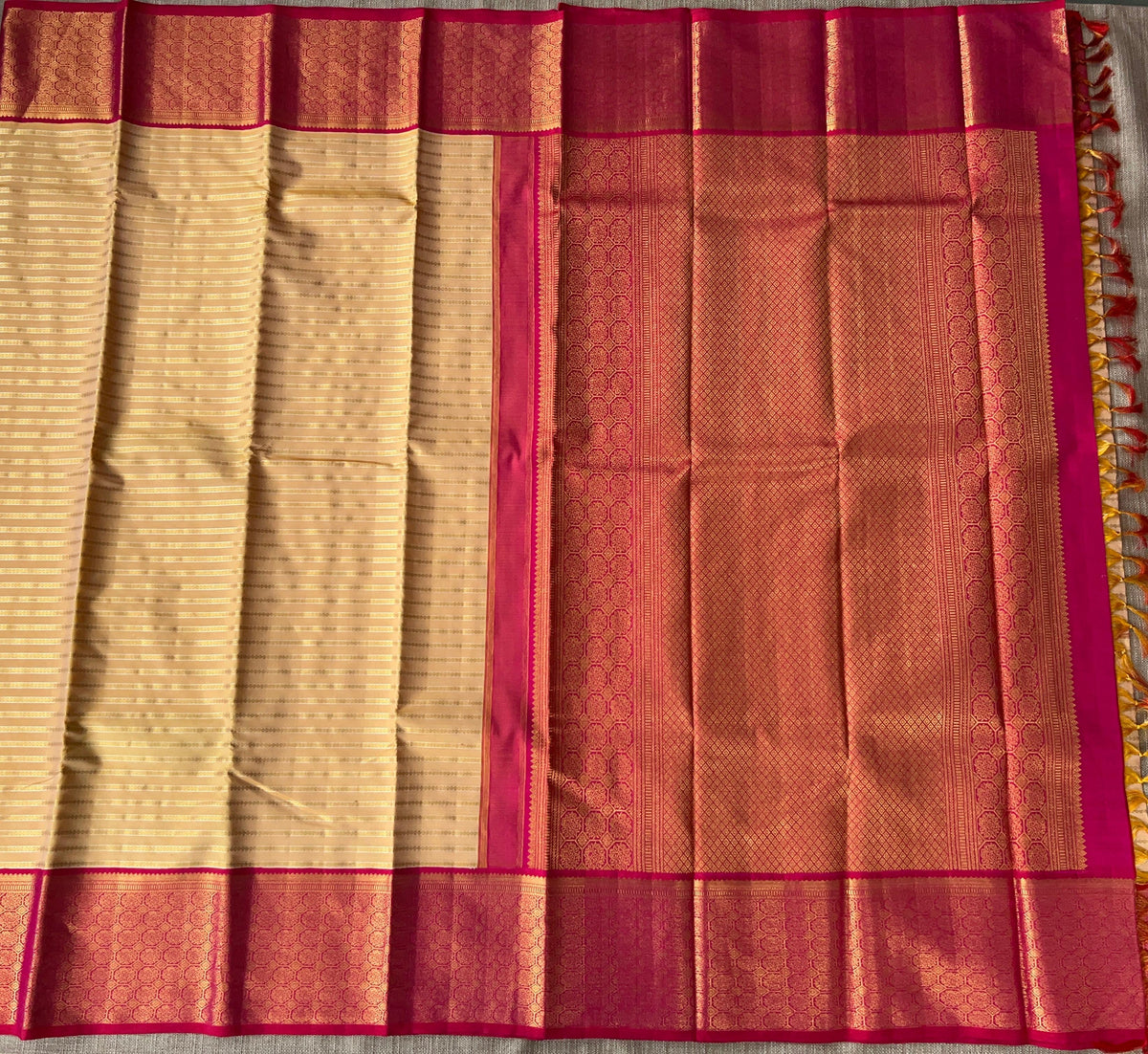 Beige  and Reddish Pink Combo kanchi  kuttu border saree with horizontal stripes