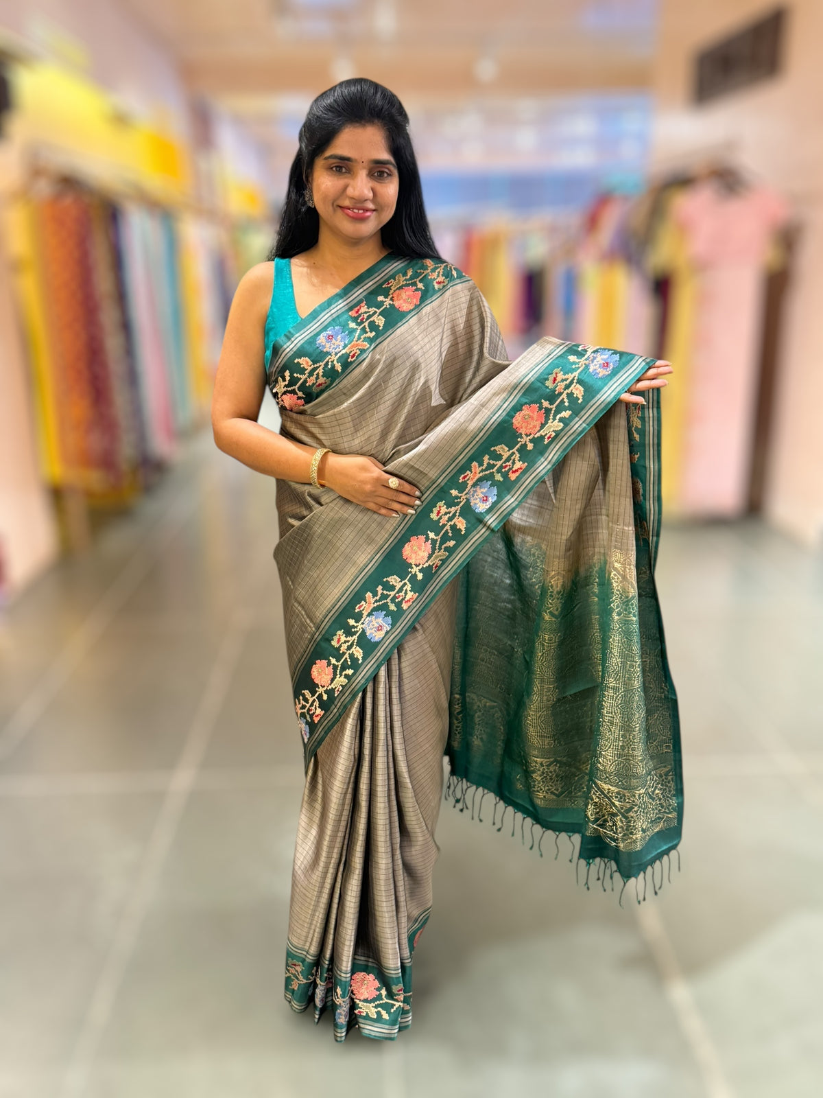 Dusty Grey & Teal Vintage Kanchi soft silk saree with embroidery