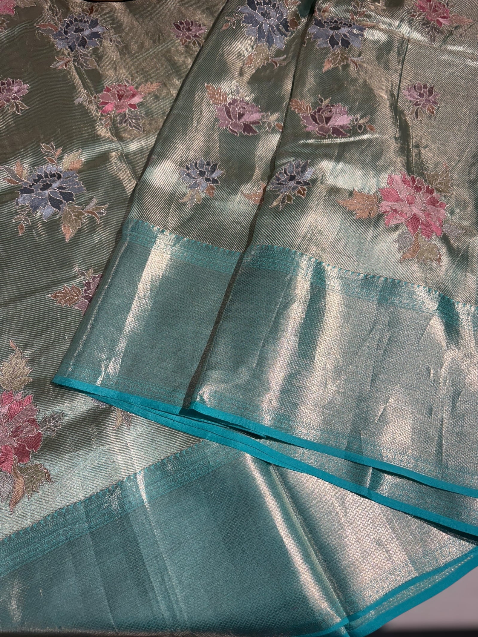 Mint Blue Designer Kanchi Saree with allover embroidery