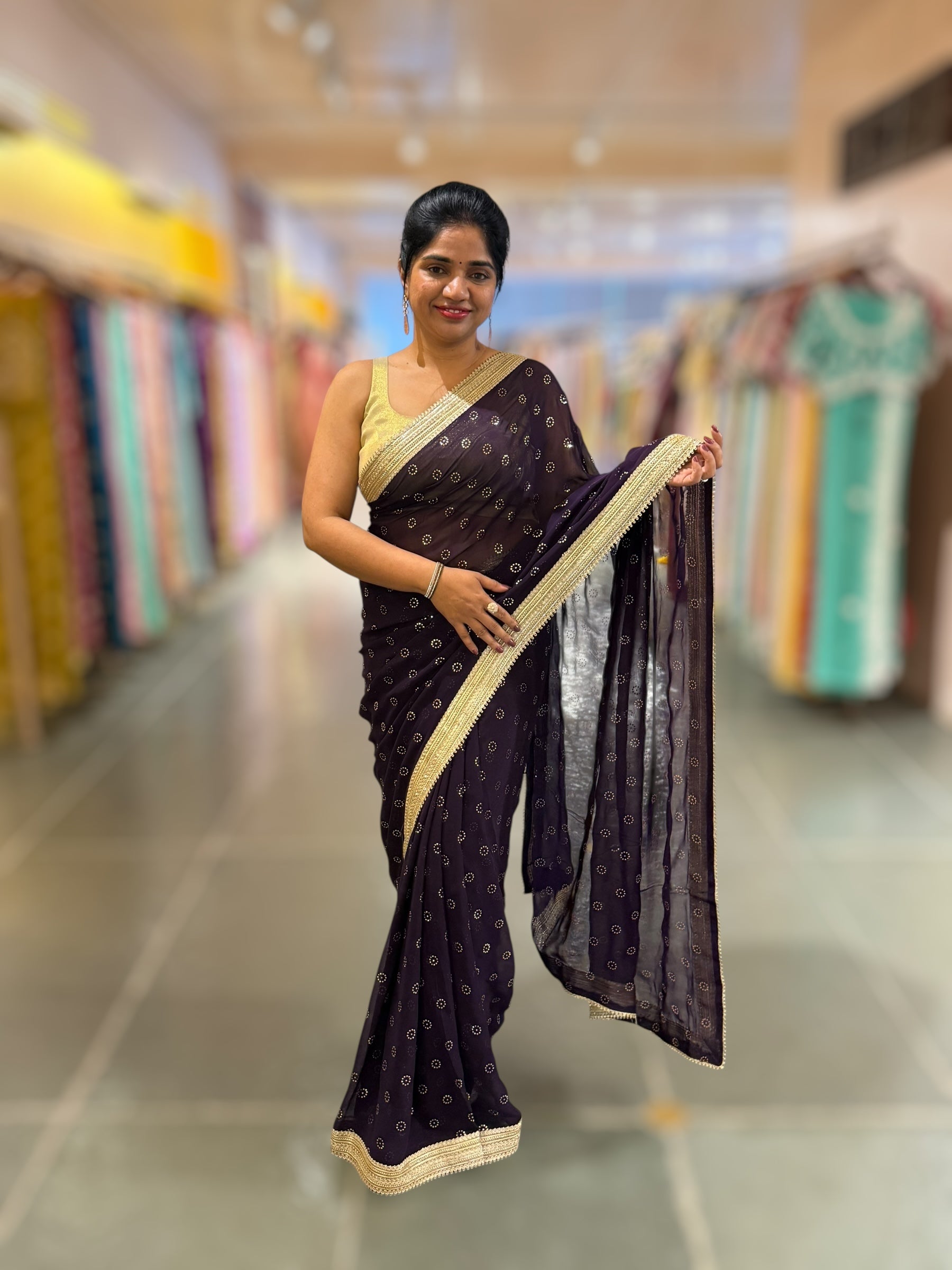 Violet Georgette Saree with stick on Badla in flower pattern
