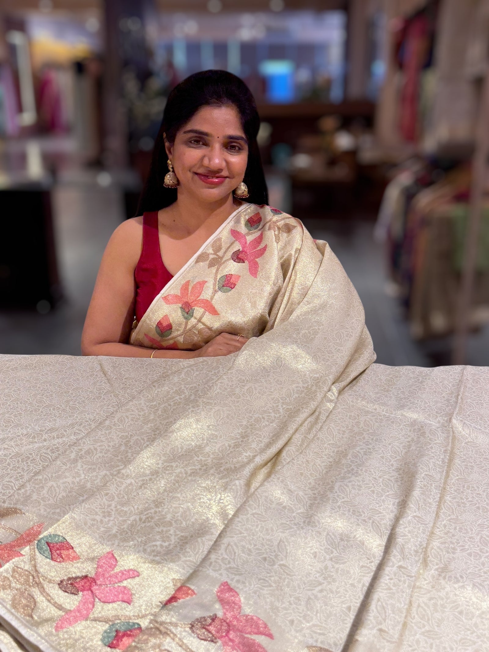 Ivory Banarasi Brocade tissue saree with tonchui style weaving & pythani inspired embroidered border