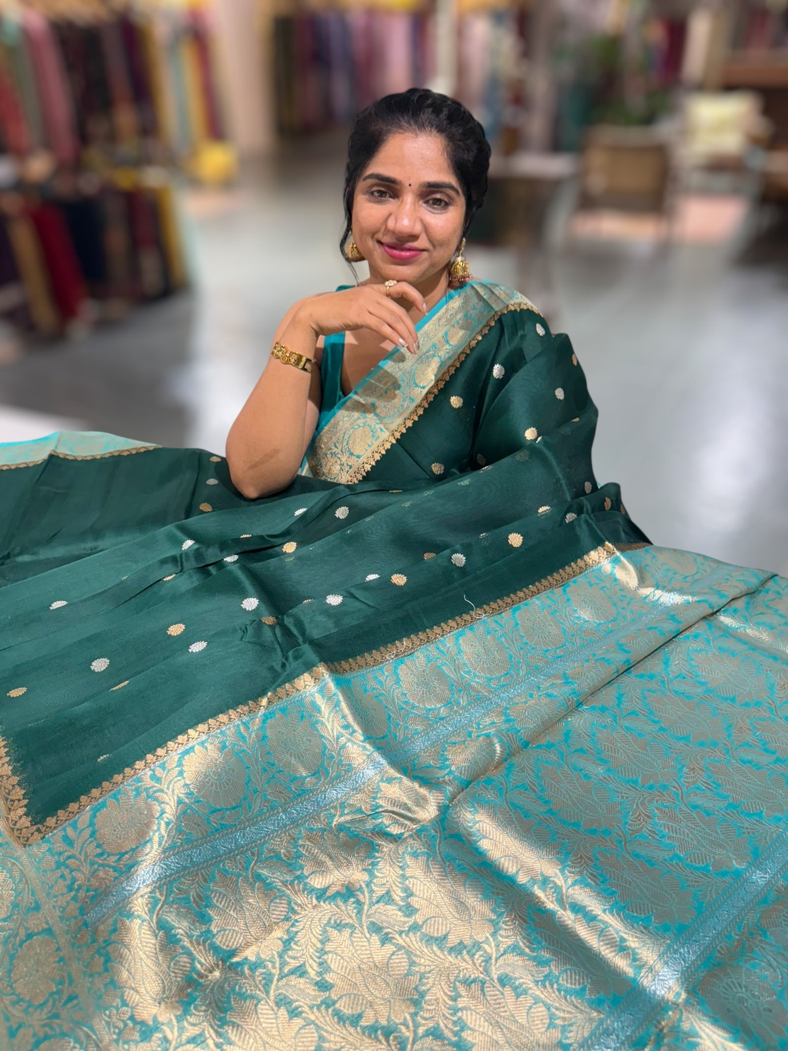 Forest Green & Teal Pure Handloom premium Kora Banarasi Saree