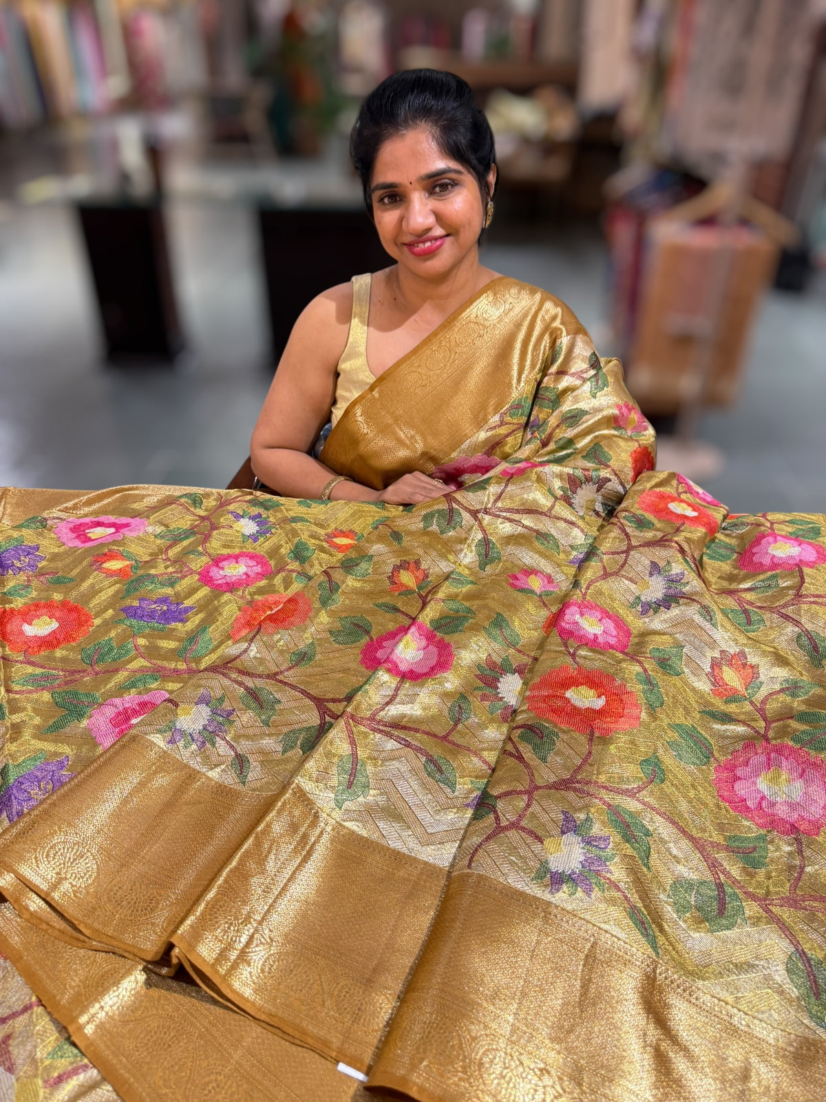 Molten Gold Kanjeevaram Tissue Saree with allover embroidery