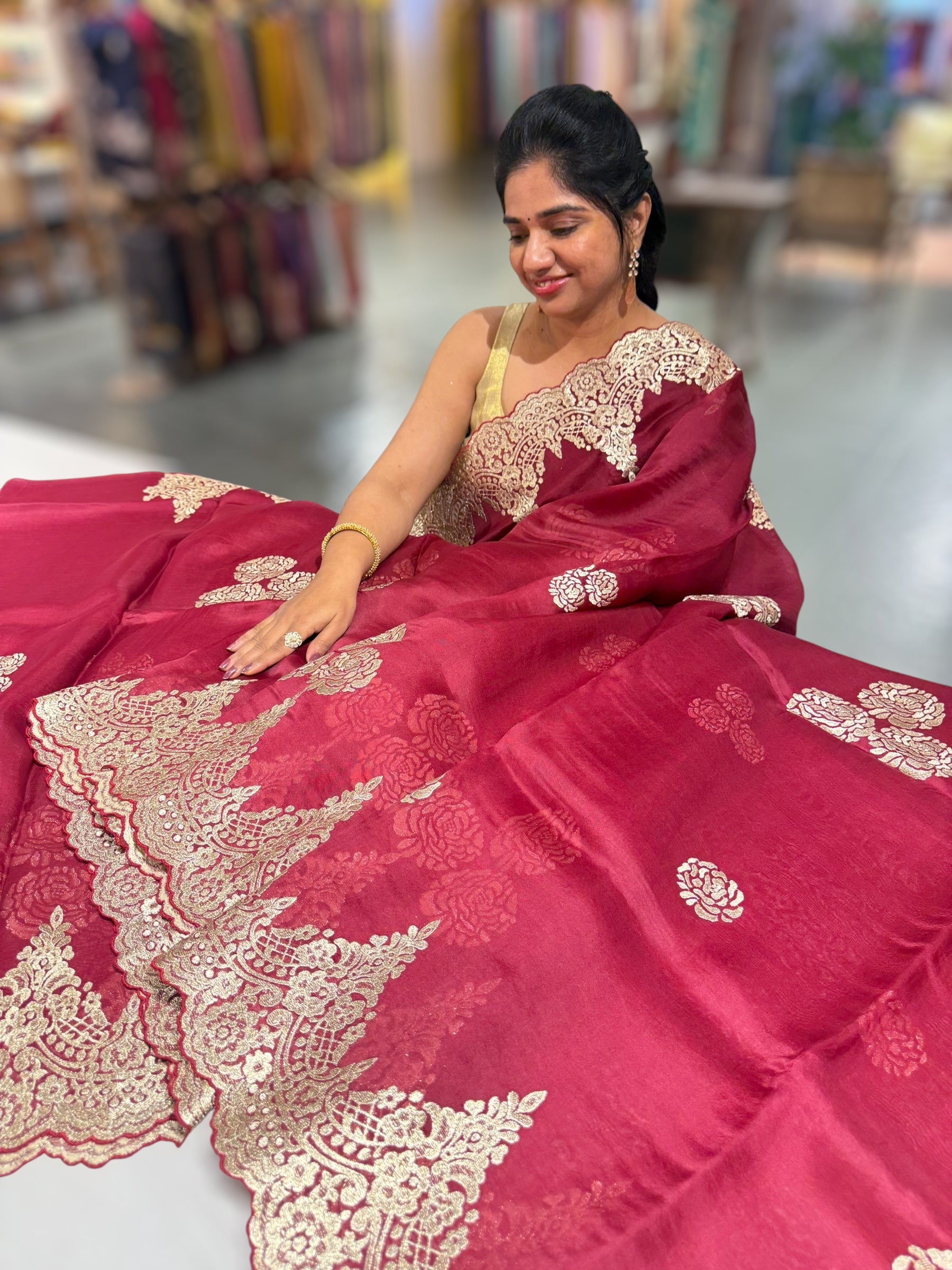 Meroon Organza Saree with stunning chantilly lace style  cutwork embroidered border