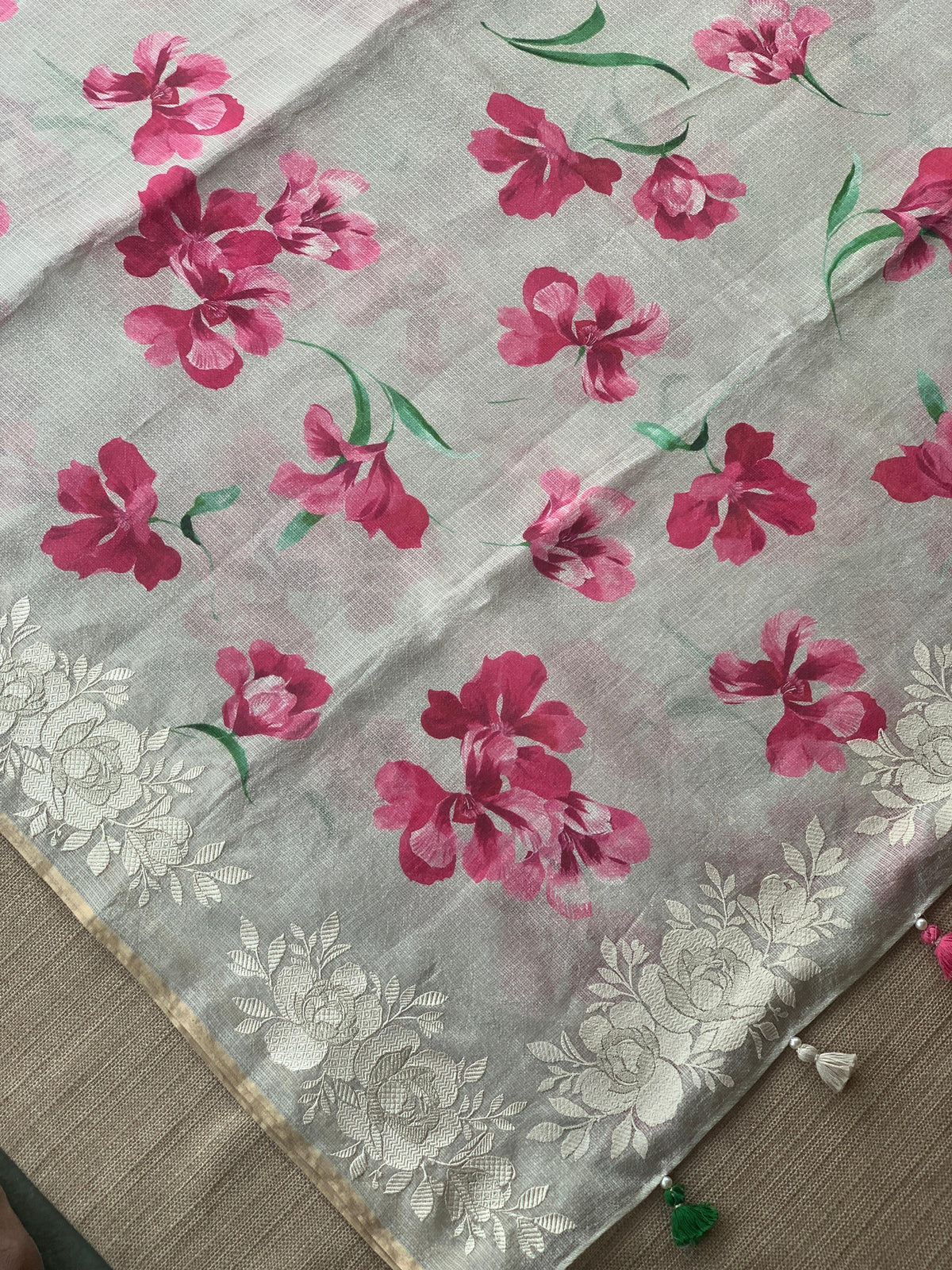 Dusty Grey Designer printed Silk kota saree with floral embroidered border