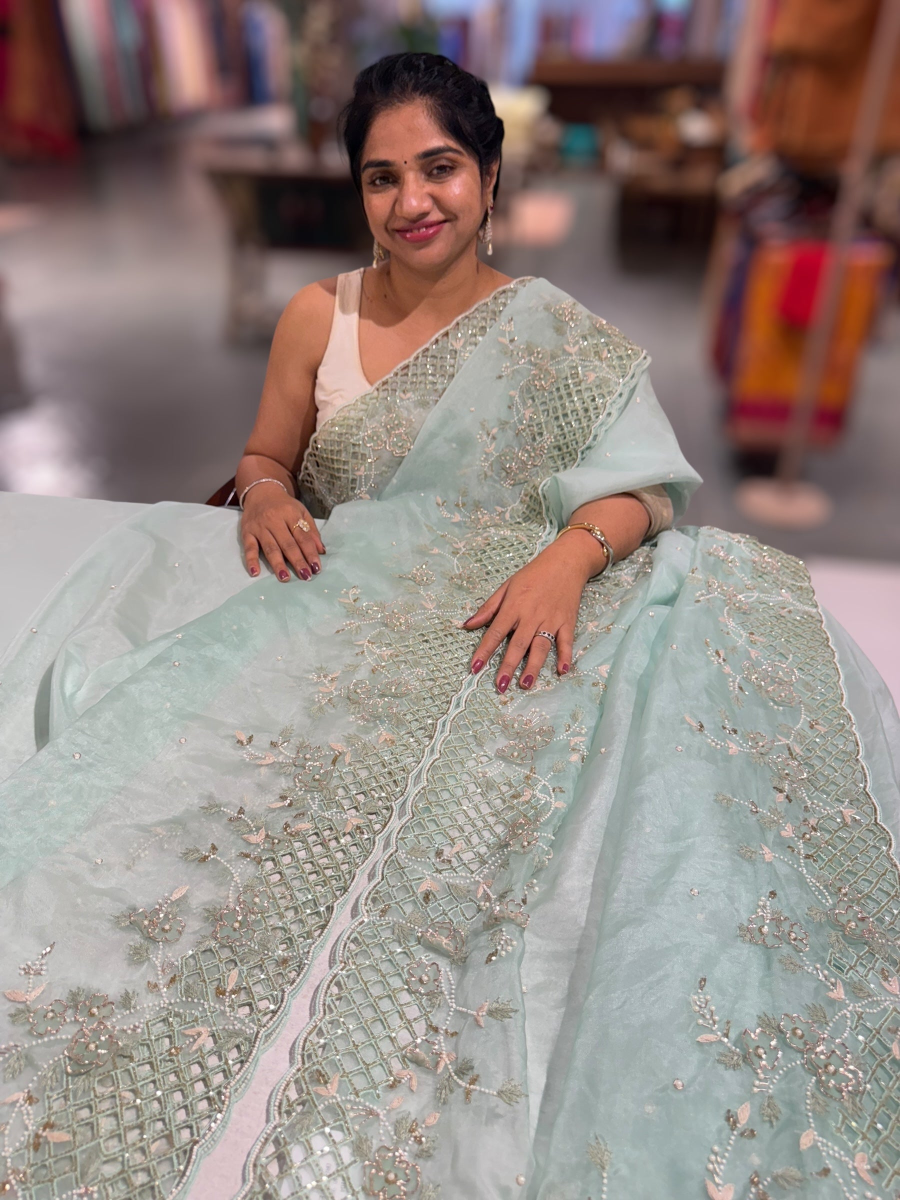 Mint Organza handwork saree with heavy cutwork handwork border ready to wear blouse