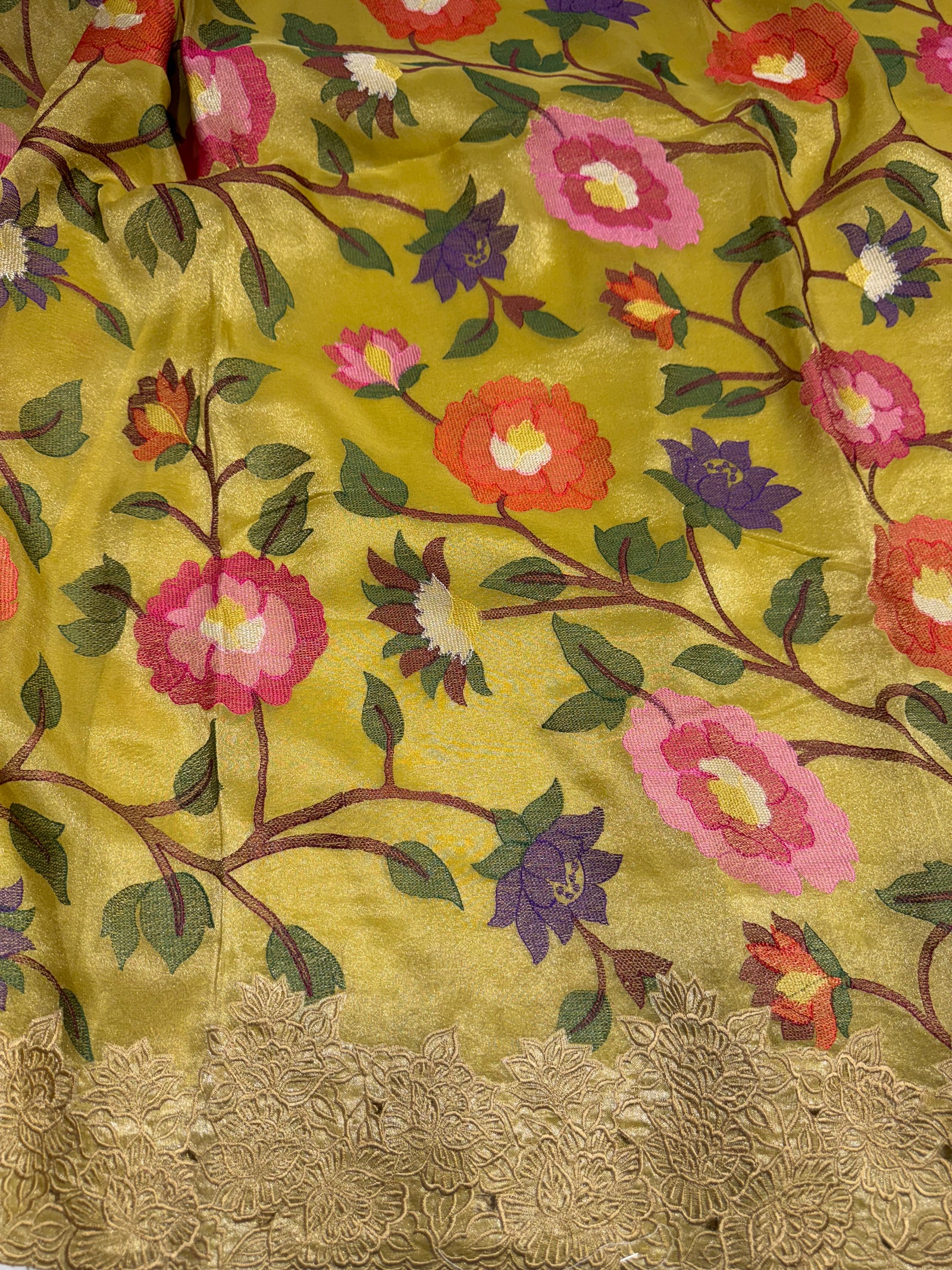 Yellow Tissue georgette with embroidery and cutwork border