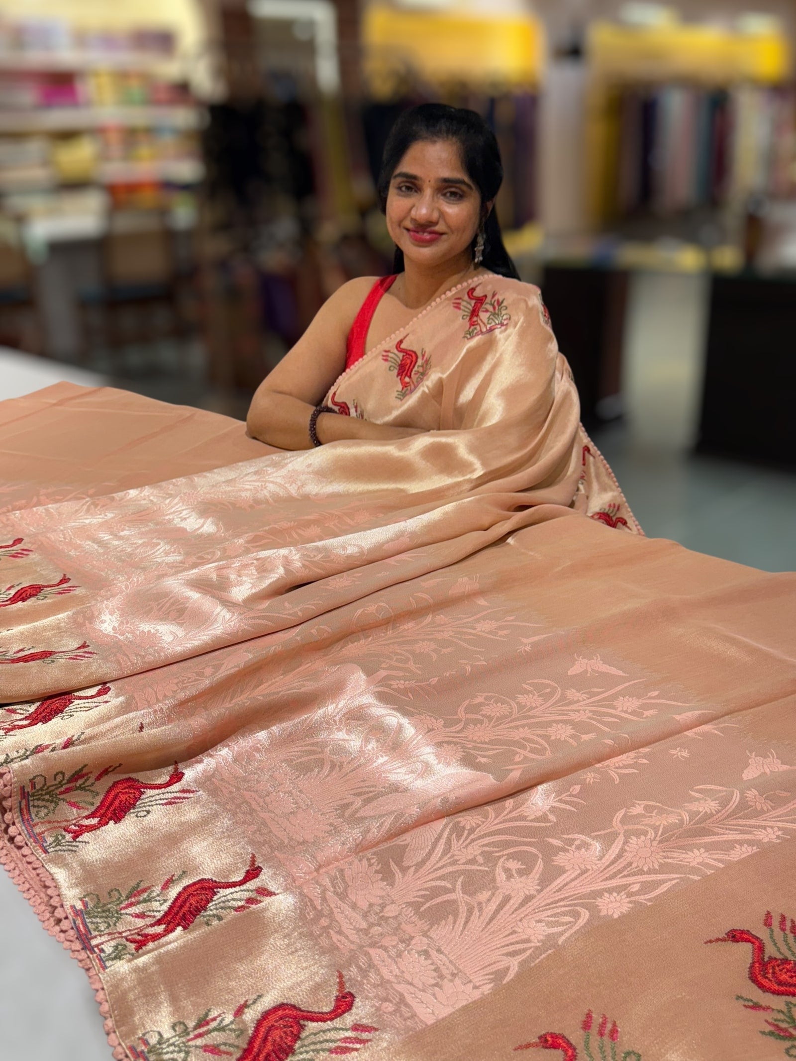 Peach Pink Banarasi Brocade tissue saree with tonchui style weaving & petite point embroidered swan border