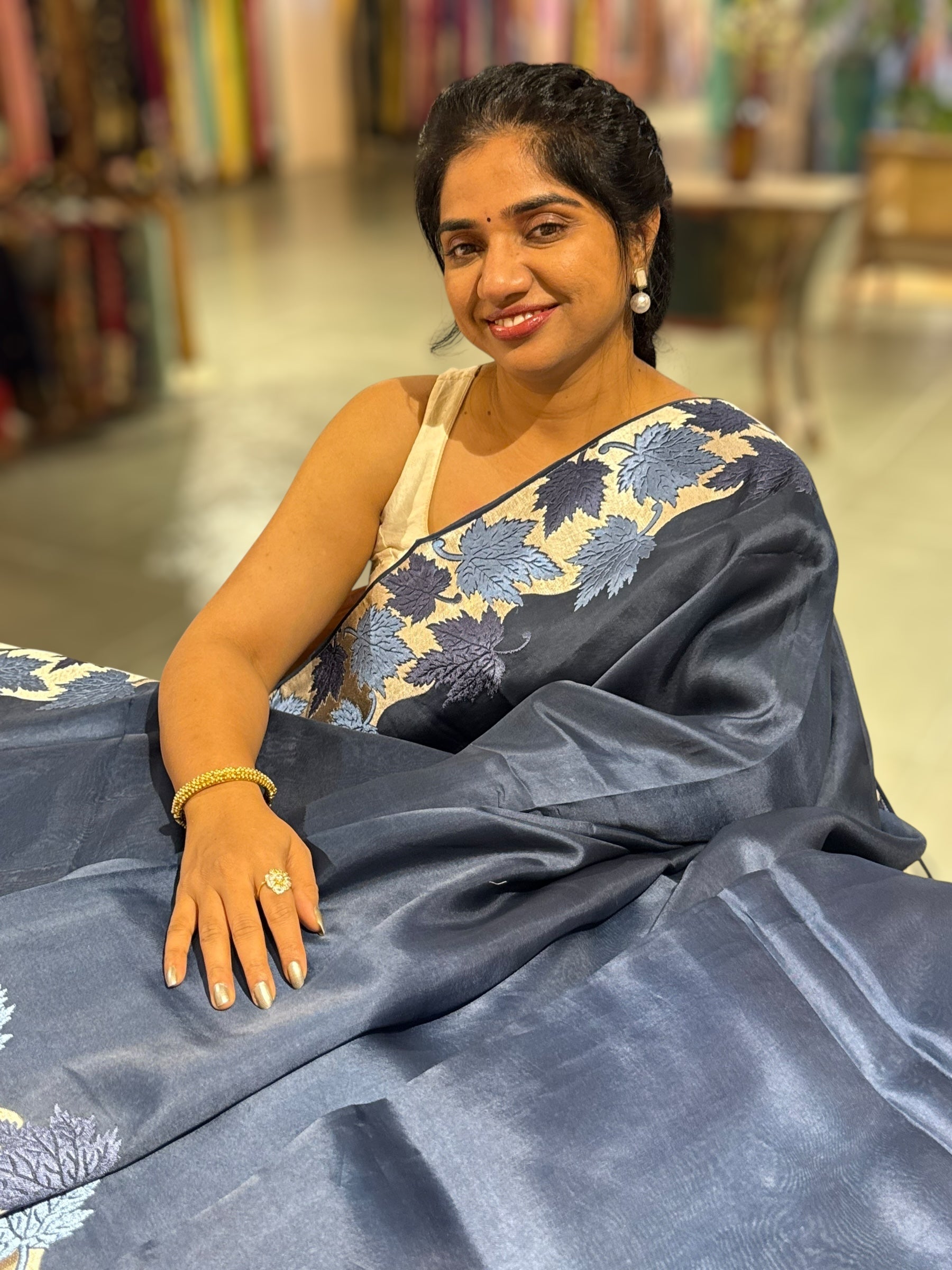 Midnight Blue Organza Saree with Stunning Leaf Embroidered Border