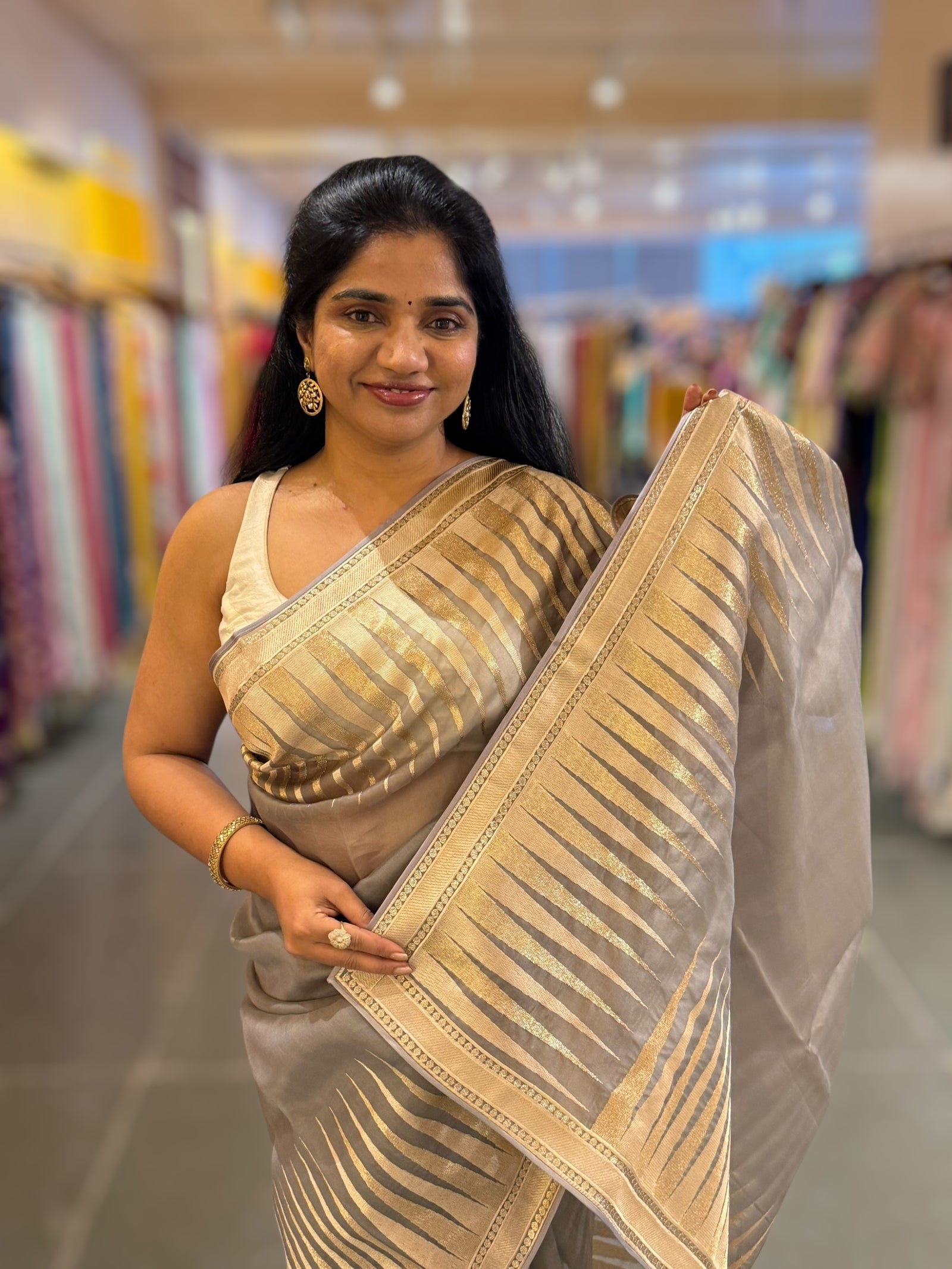 Grey Pure Organza With Temple Embroidered Border & Tussar Printed Blouse