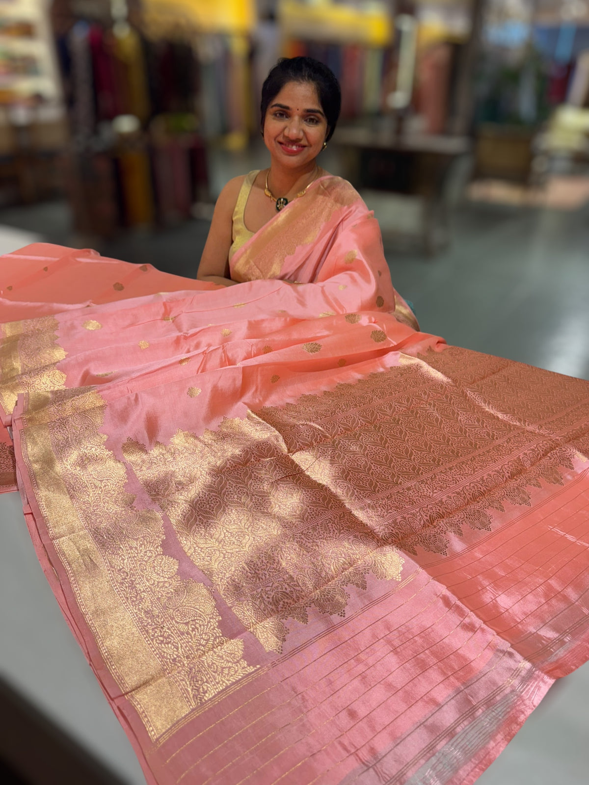 Peach Pink Poona Silk Saree with double Borders