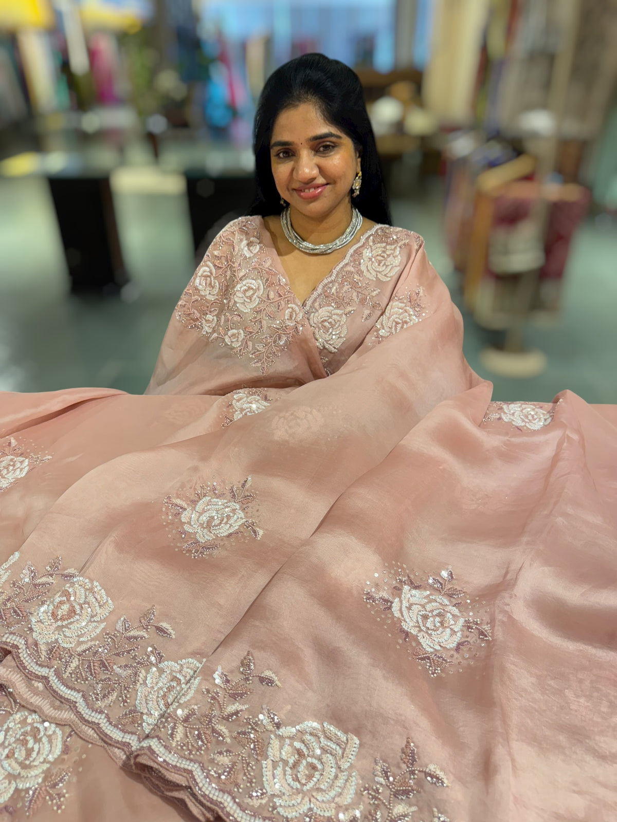 Nude Pink Organza with Rose handwork