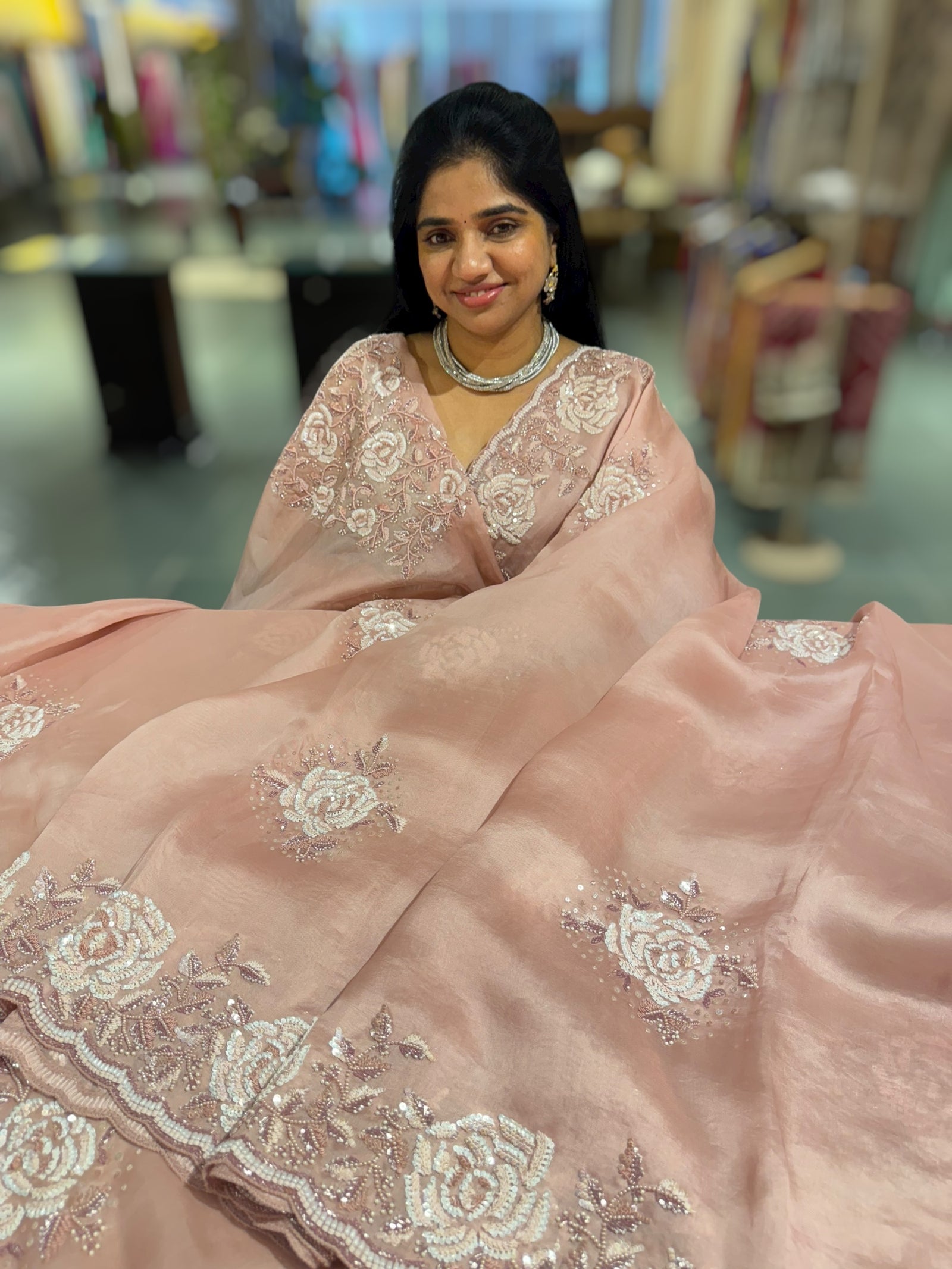 Nude Pink Organza with Rose handwork