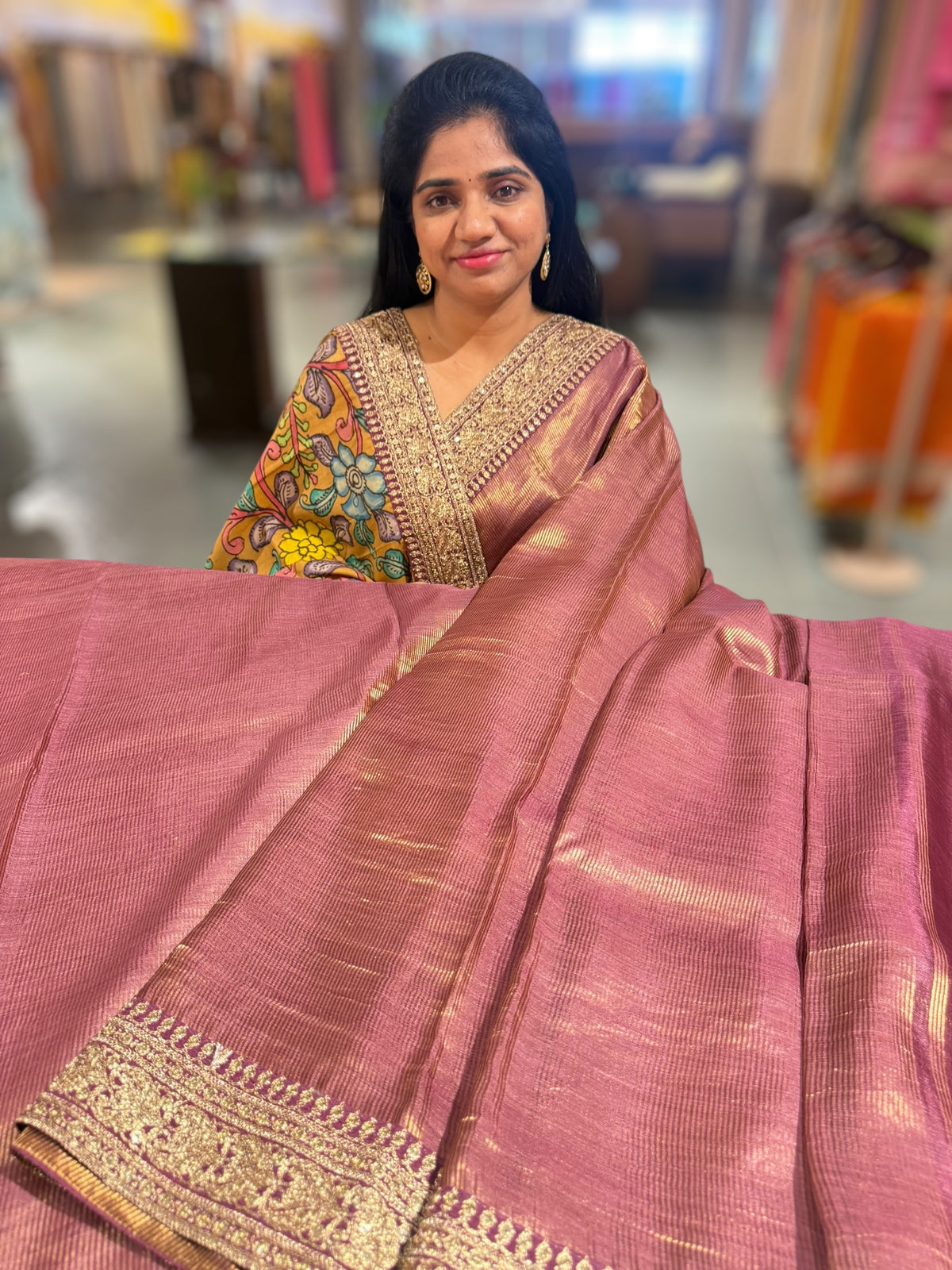 Wine kora Muslin Tissue fusion saree