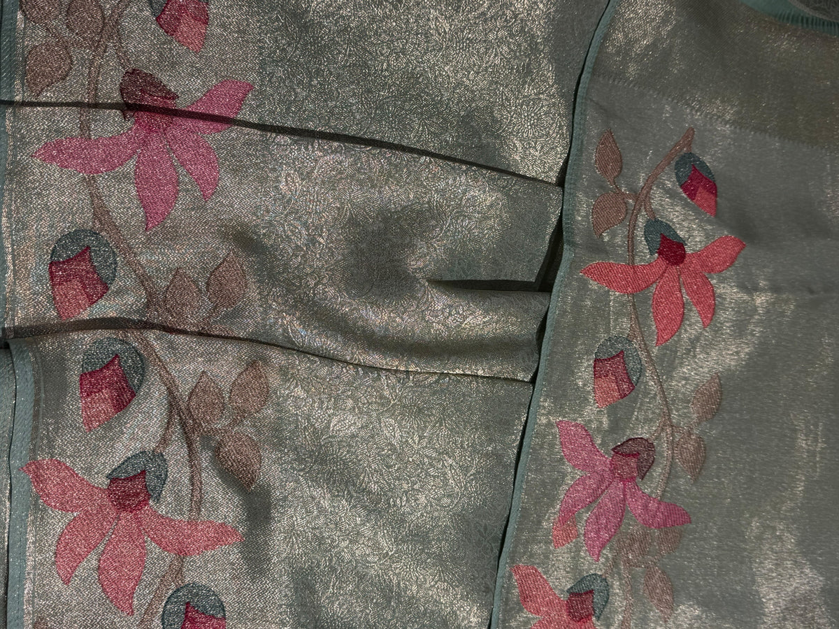 Mint Banarasi Brocade tissue saree with tonchui style weaving & pythani inspired embroidered border