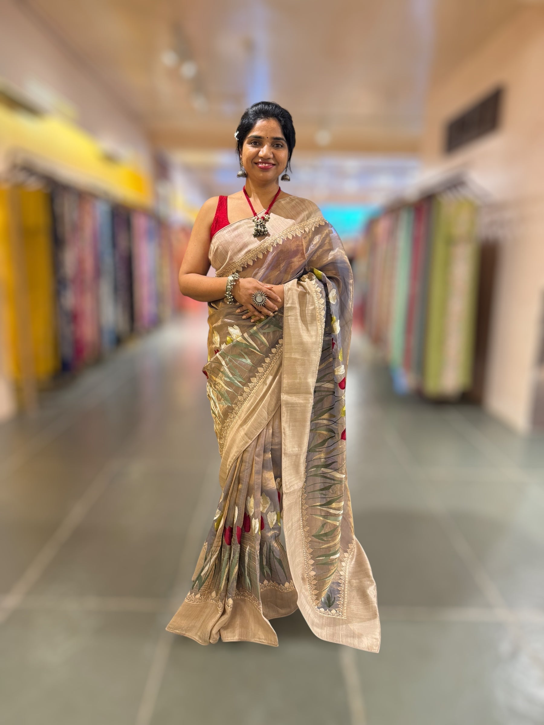 Violet Designer Handloom Tissue Saree With Tulip embroidery