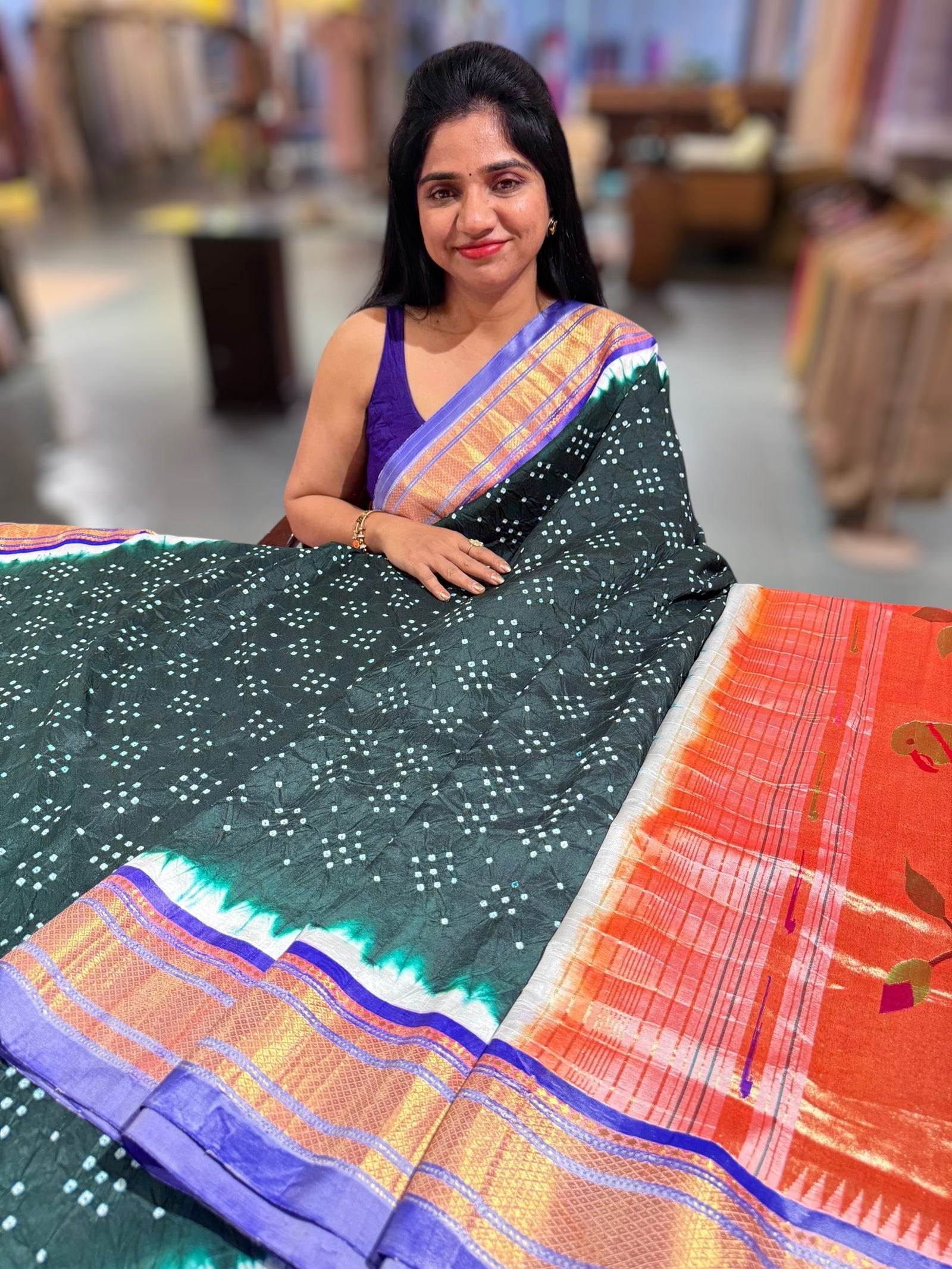 Forest Green Pure handloom Bandhini paithani saree