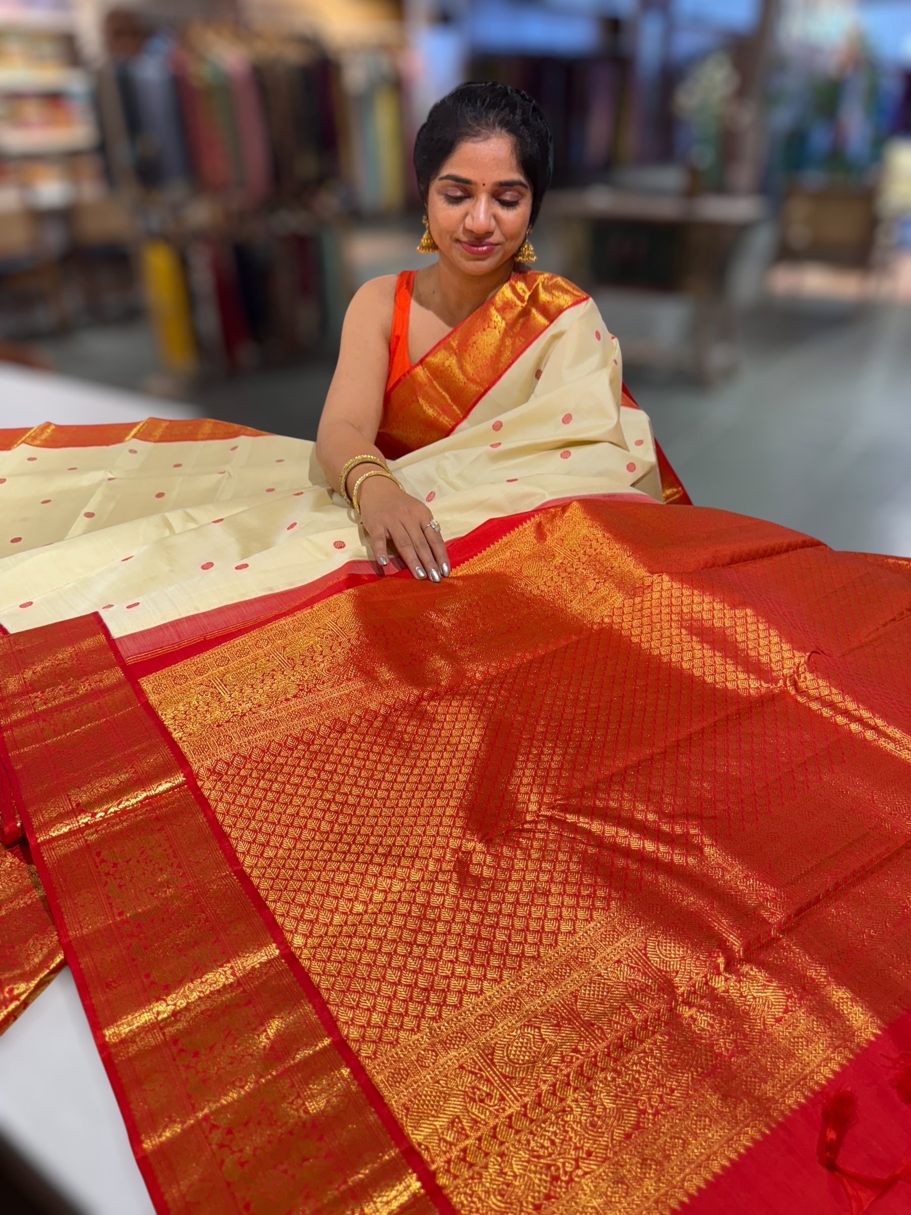 Ivory & Reddish Orange Combo Kanchi Vintage Saree