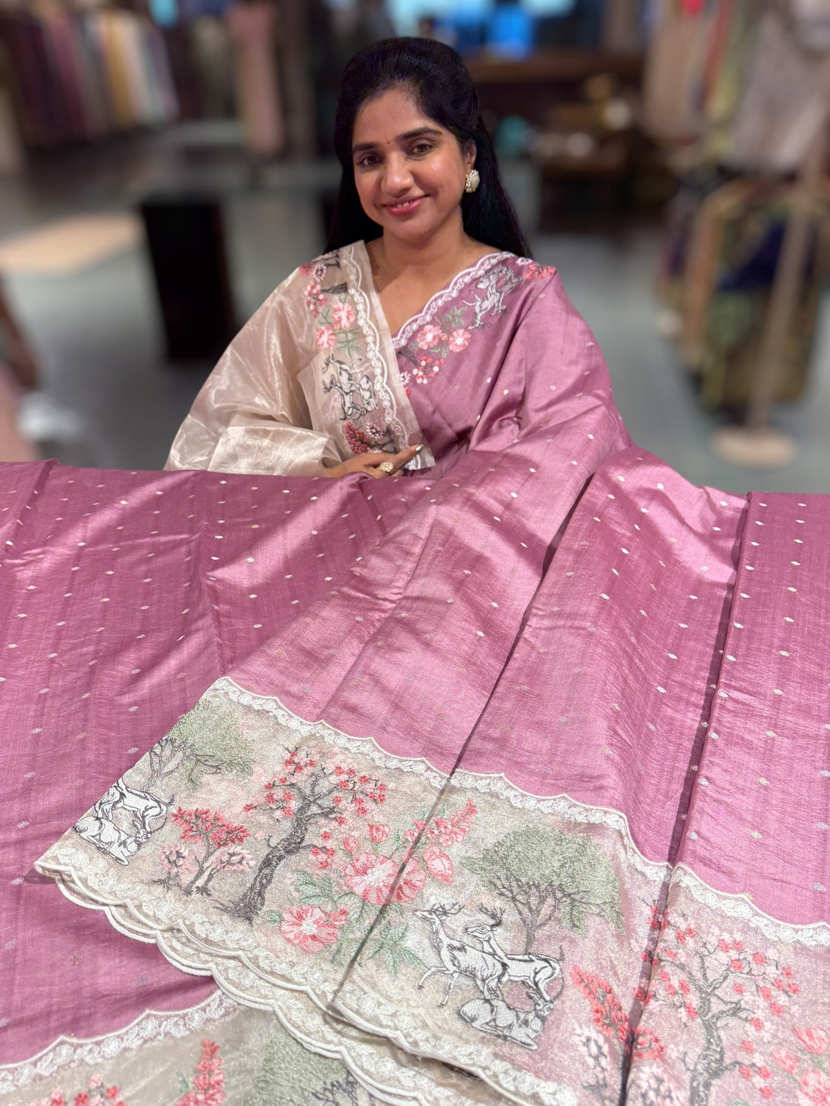 Dusty Pink Designer Chiniya silk saree