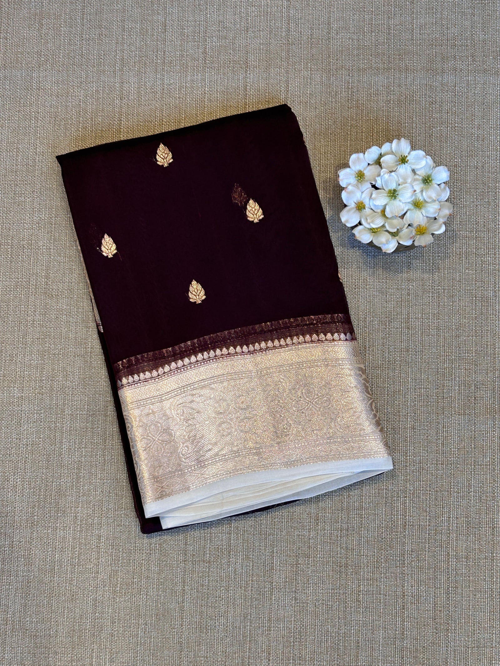 Coffee Brown & Beige Combo Pure Handloom premium Kora Banarasi Saree