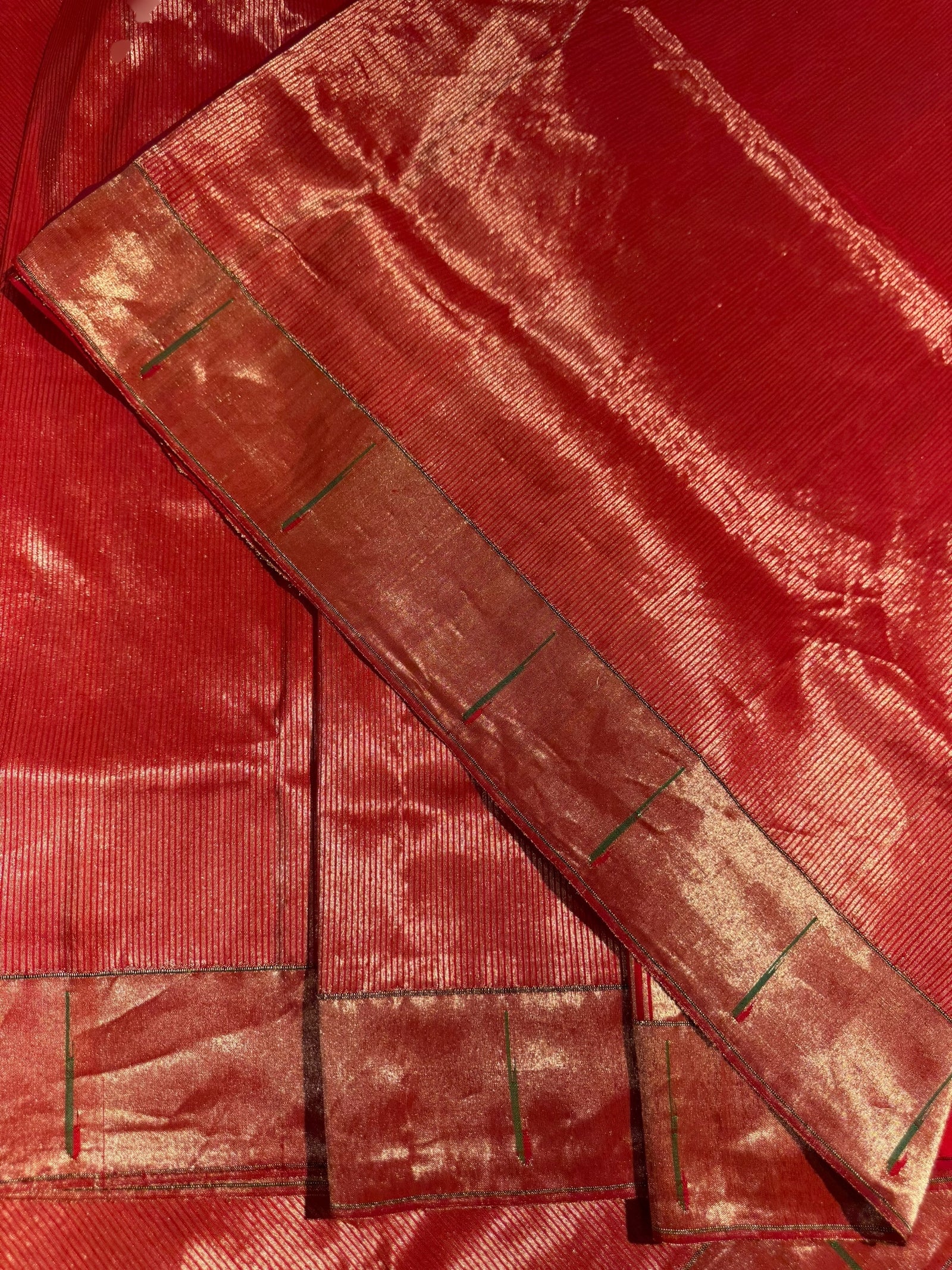 Red Pure handloom paithani tissue stripes saree