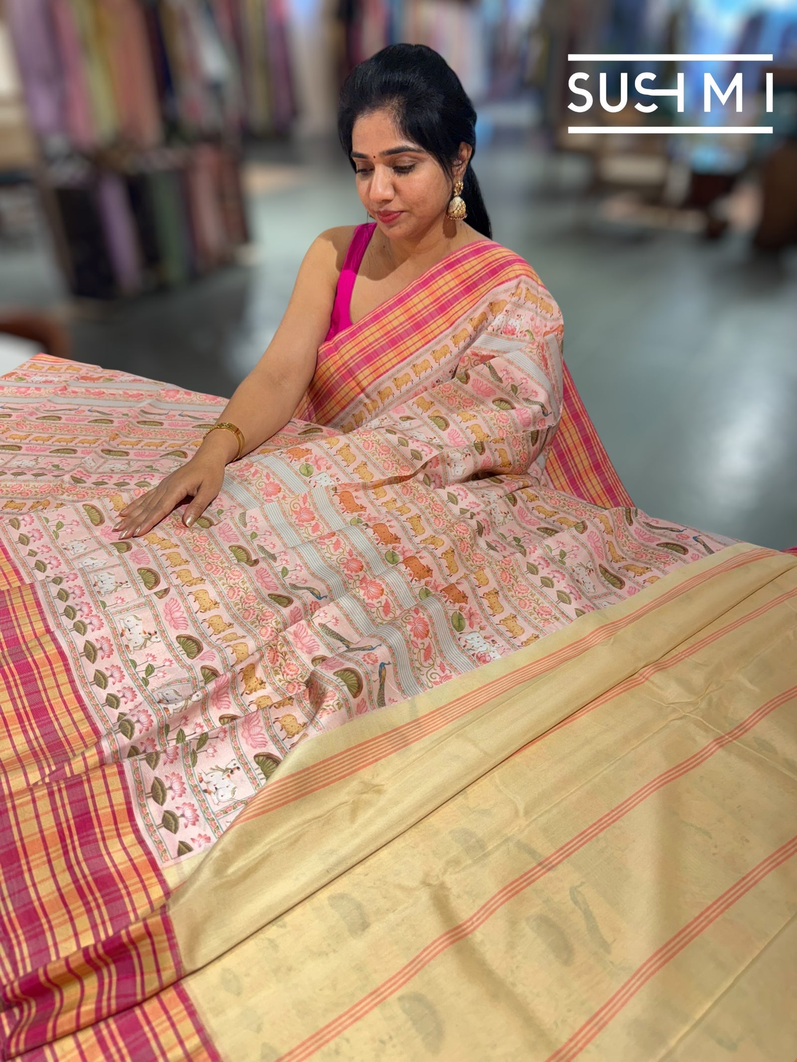 Pastel Pink printed soft silk saree with burberry checks border : D62F036