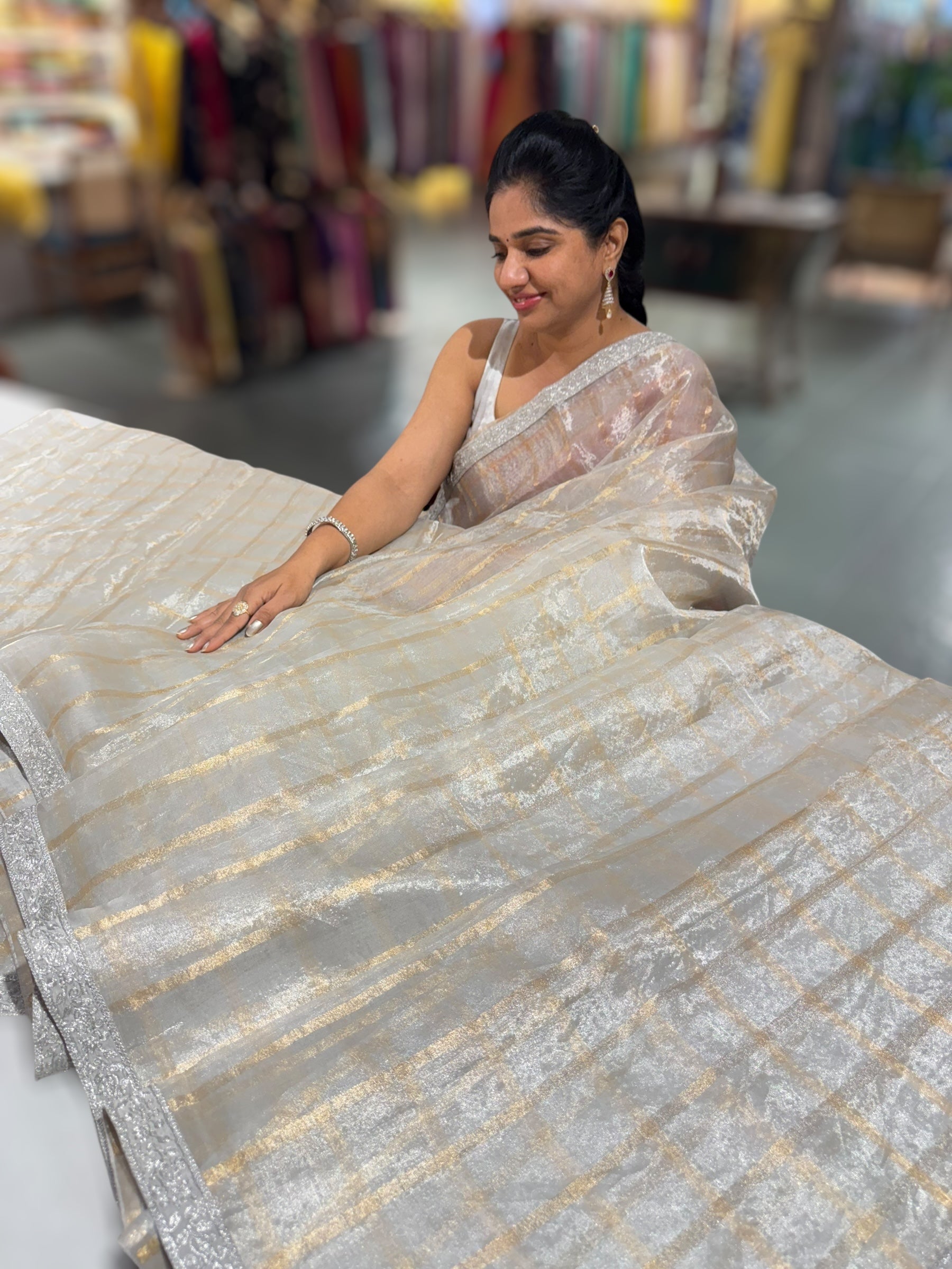 Silver Tissue Pure Handloom Tissue checks Saree with sabyasachi borders