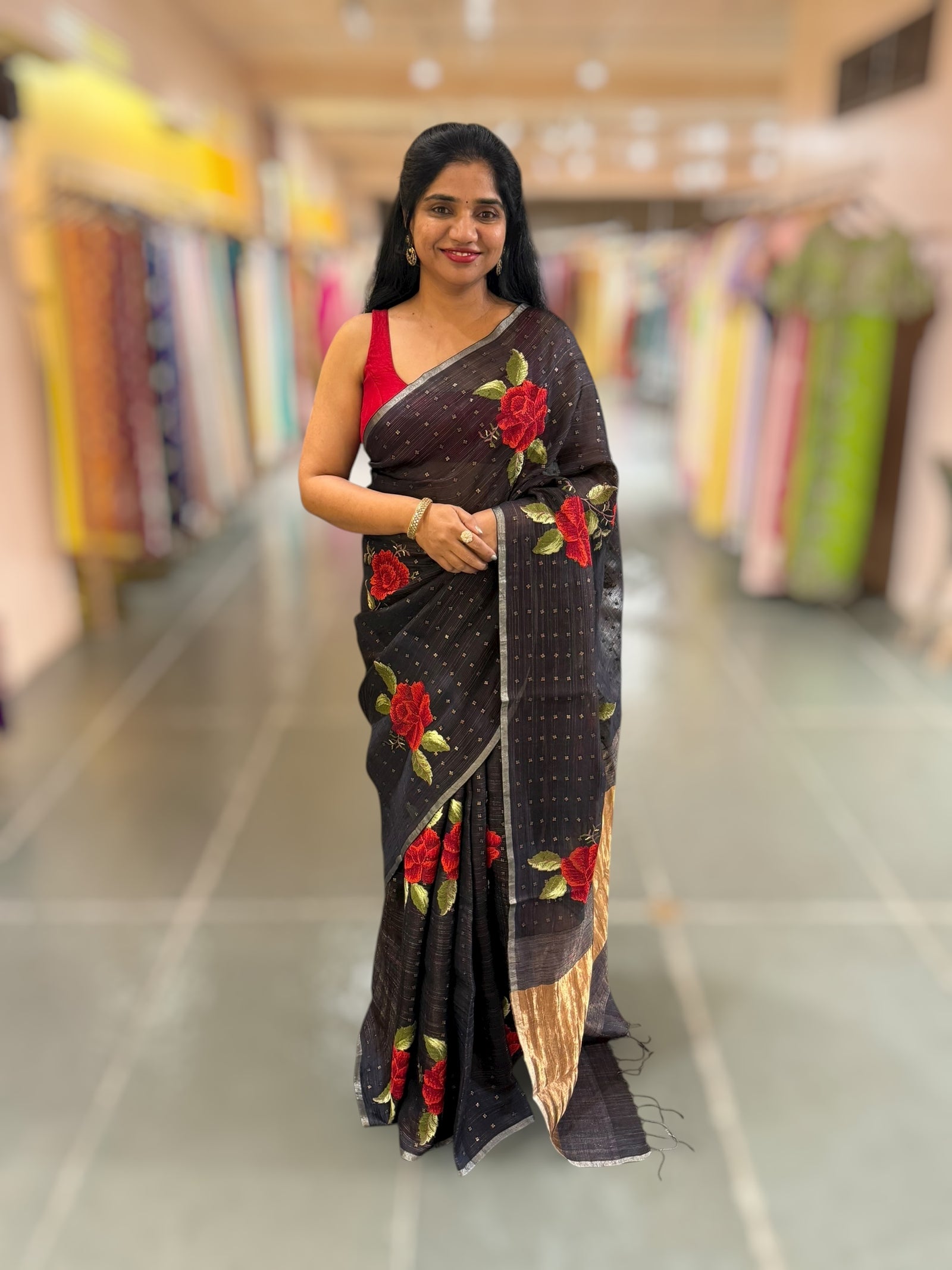 Darkest Midnight Blue Tussar Kota Saree with embedded sequnce and hibuscus flower embroidery