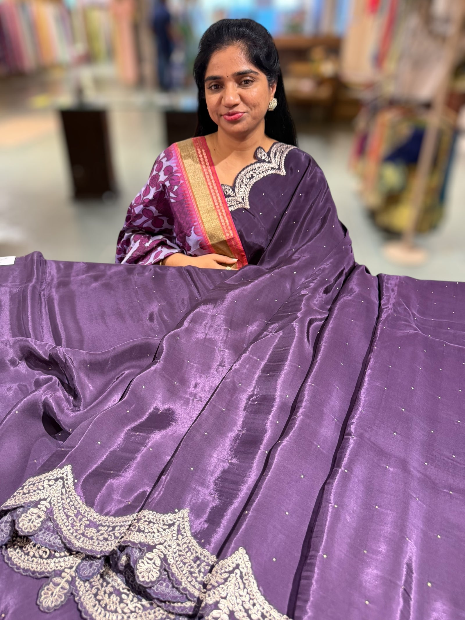 Plum crepe silk saree with scalloped pita border