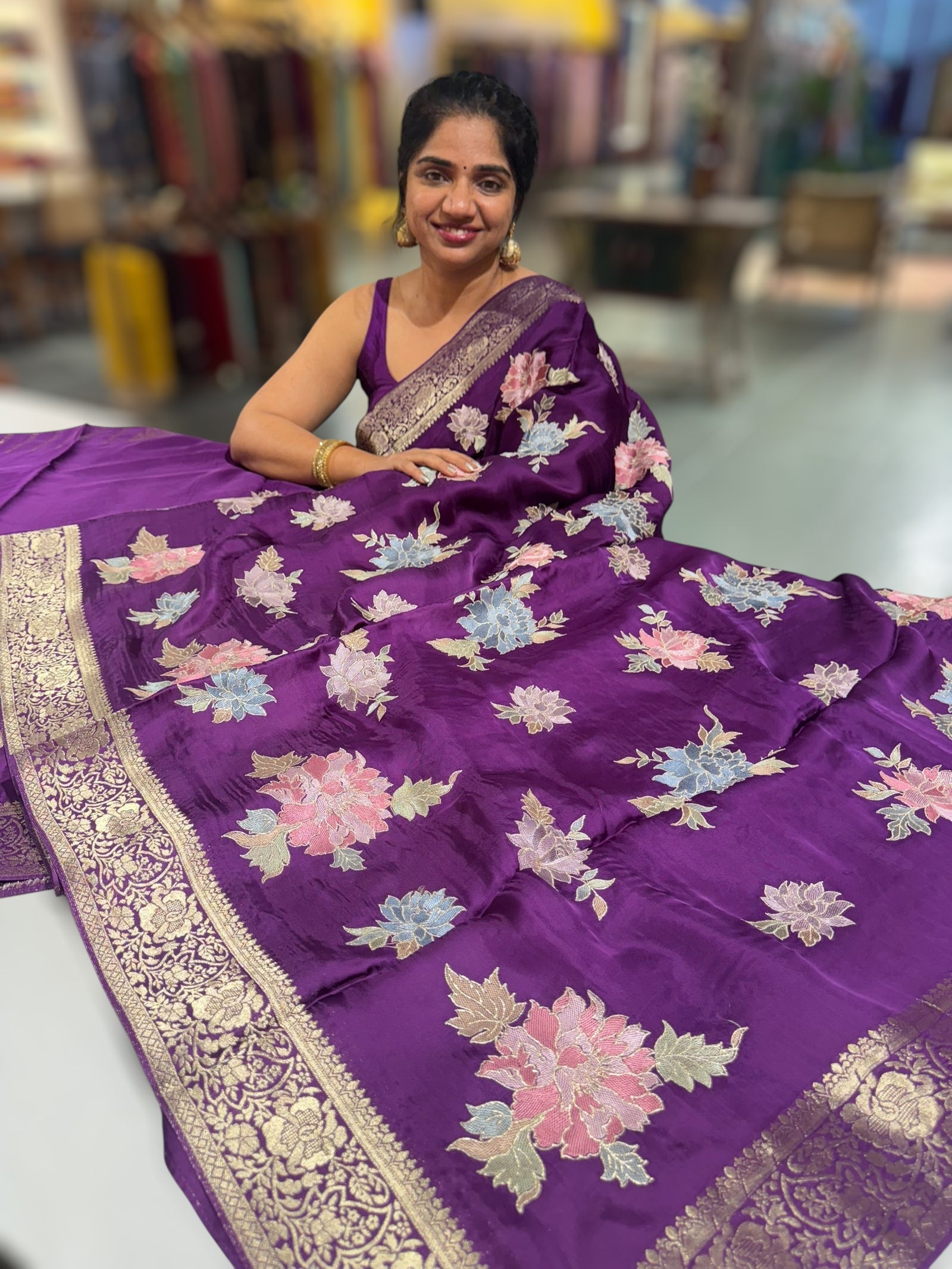 Wine Mashru Satin Saree with Allover Floral embroidery