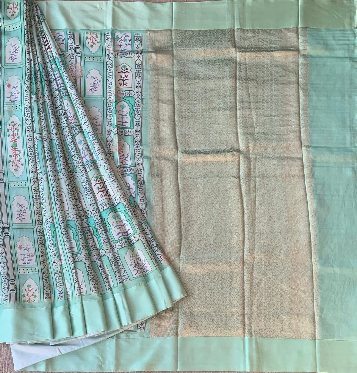 Mint Green Soft Silk Saree with patola style print and mashru borders