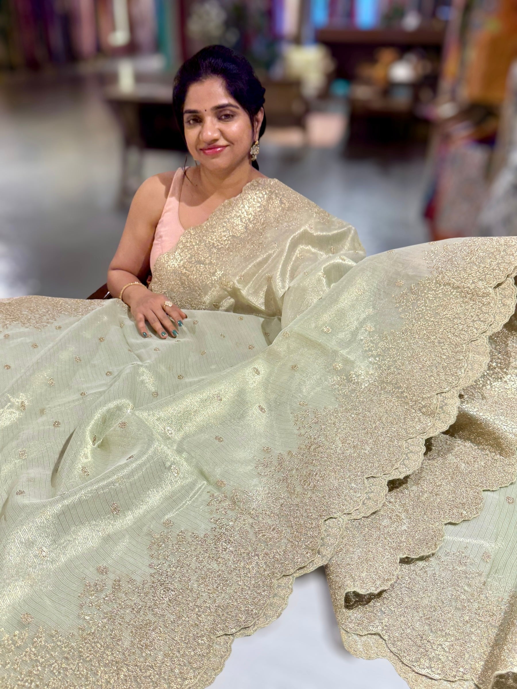 Mint Green Tissue Saree with Heavy Sequence Embroidered Scallop Border