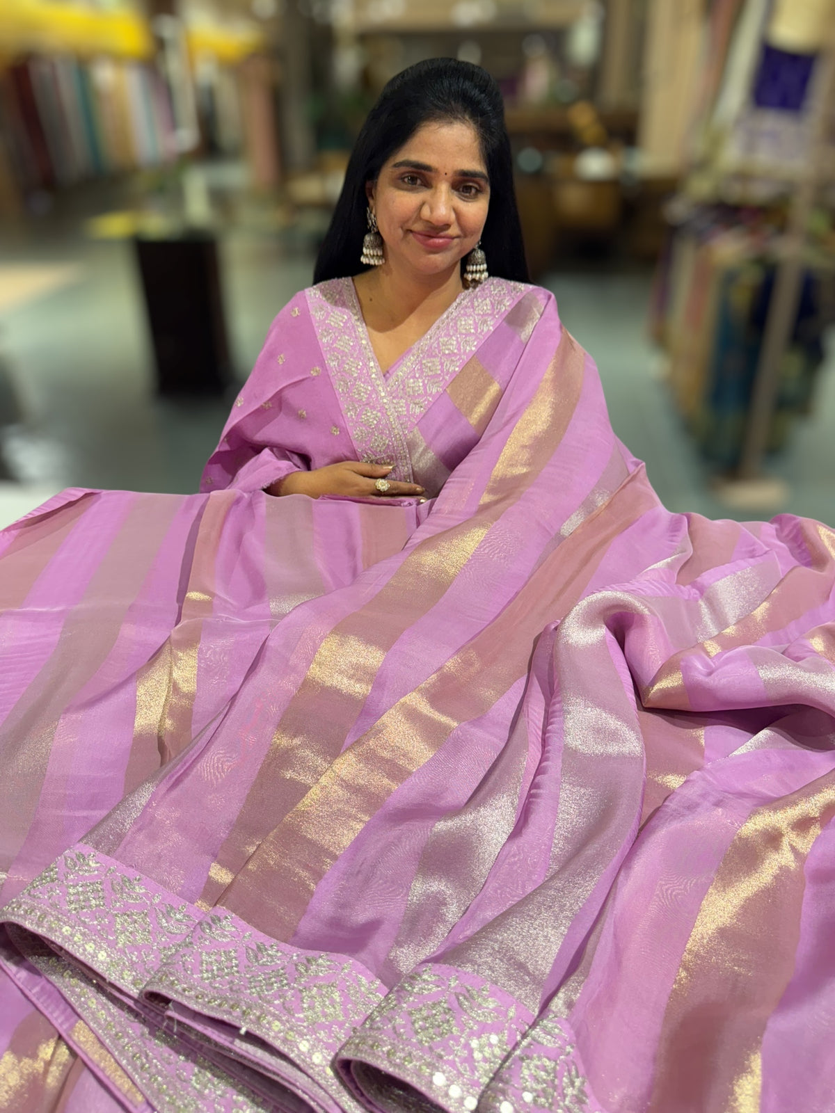 Lilac Pink kora tissue stripes saree