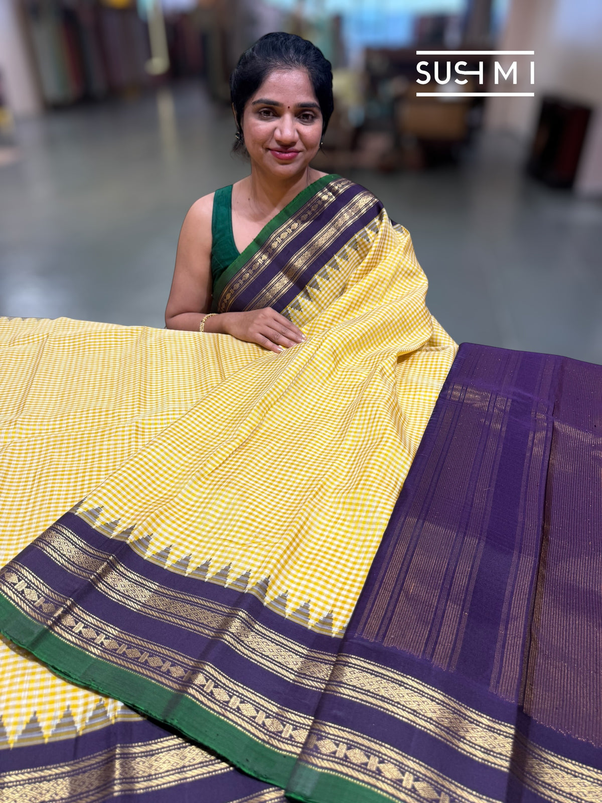Ivory & lemon yellow vintage checks jute Gadwal Silk Saree : S62F217