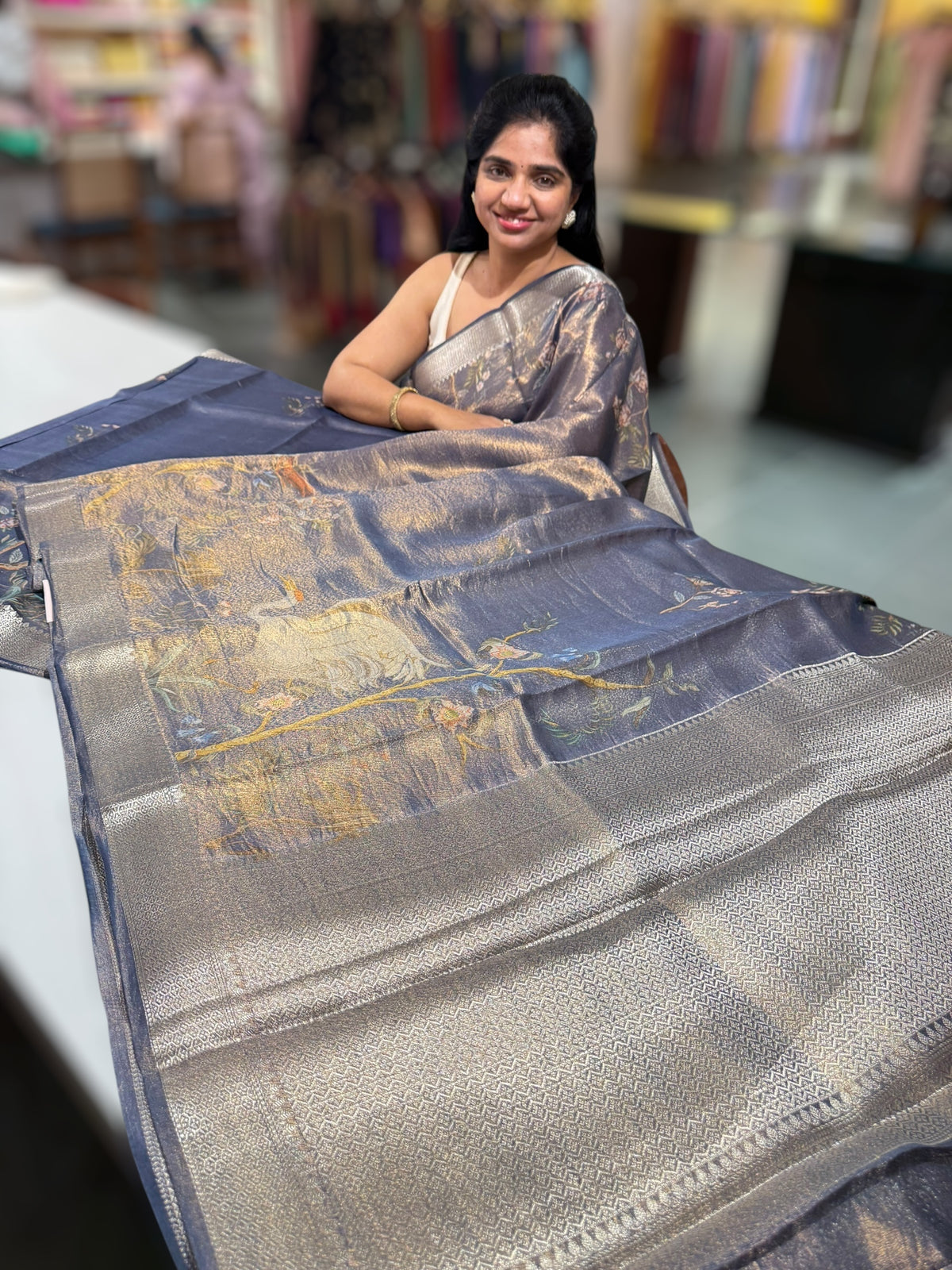 Midnight Blue Printed Banarasi Cotton Tissue