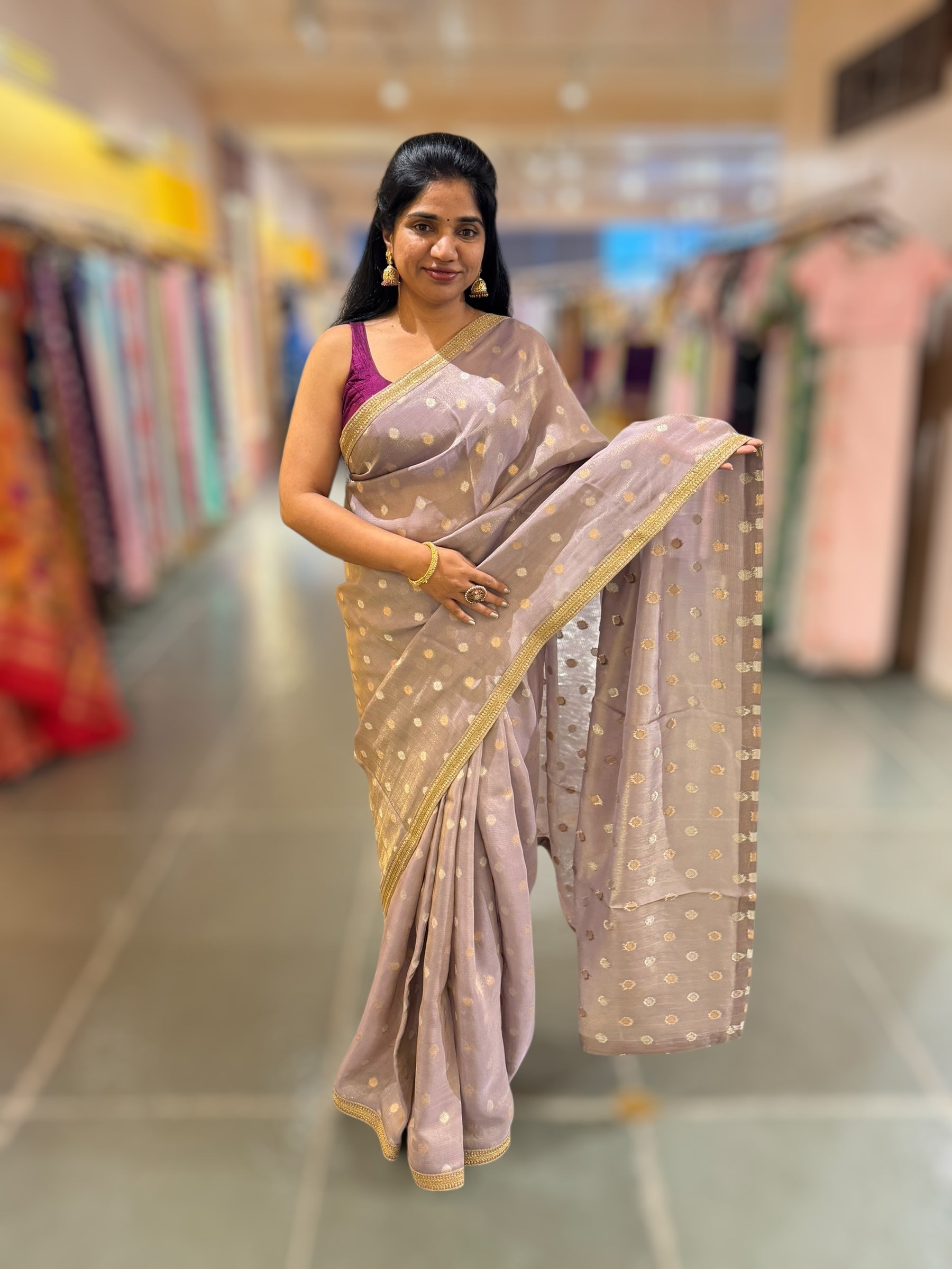 Dusty Lilac tissue Kota saree with sabyasachi borders and fancy Pythani tissue blosue