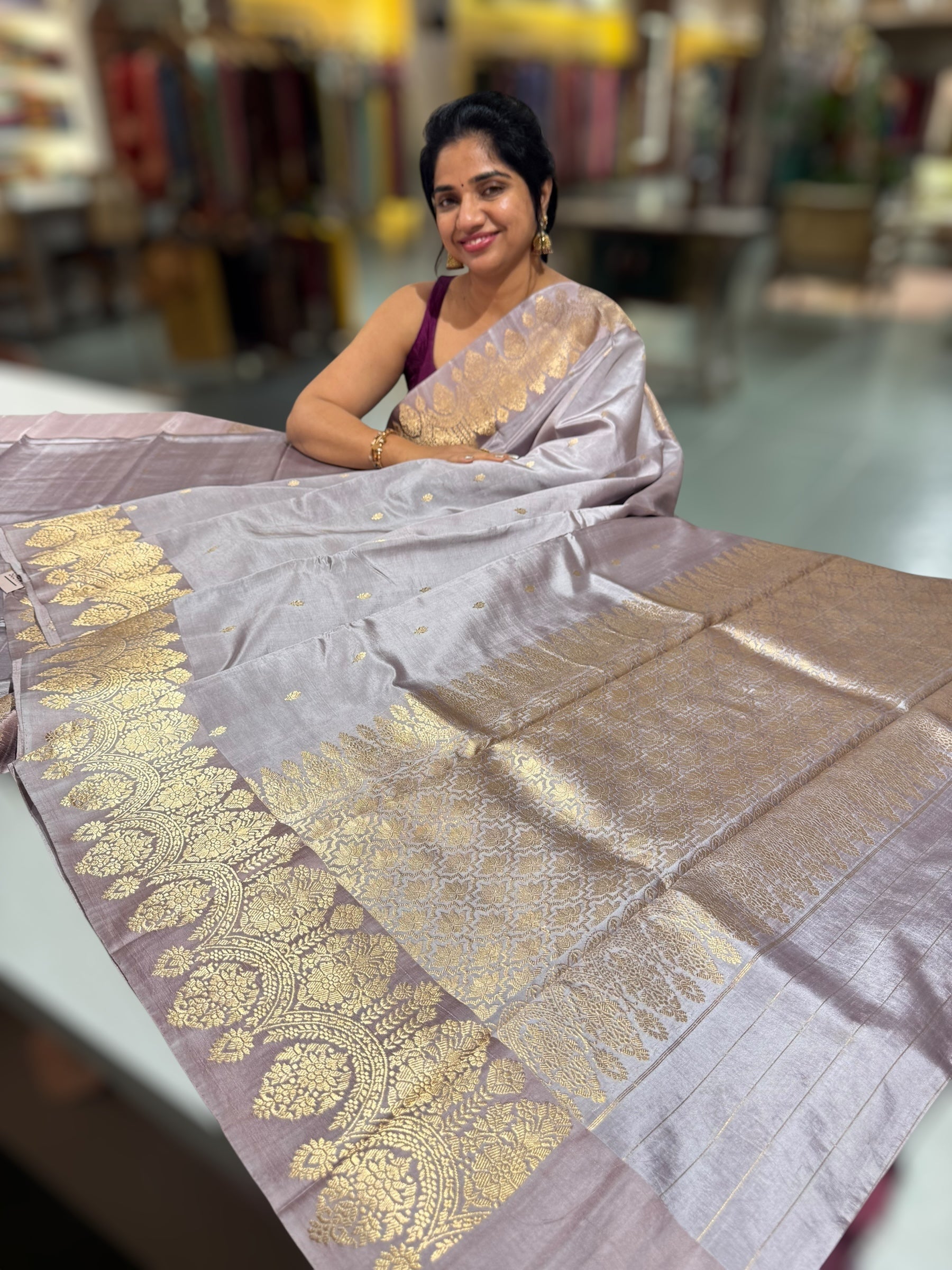 Dusty Mauve Raw Mangoe Silk Saree with heavy weaving Mashru Open Border