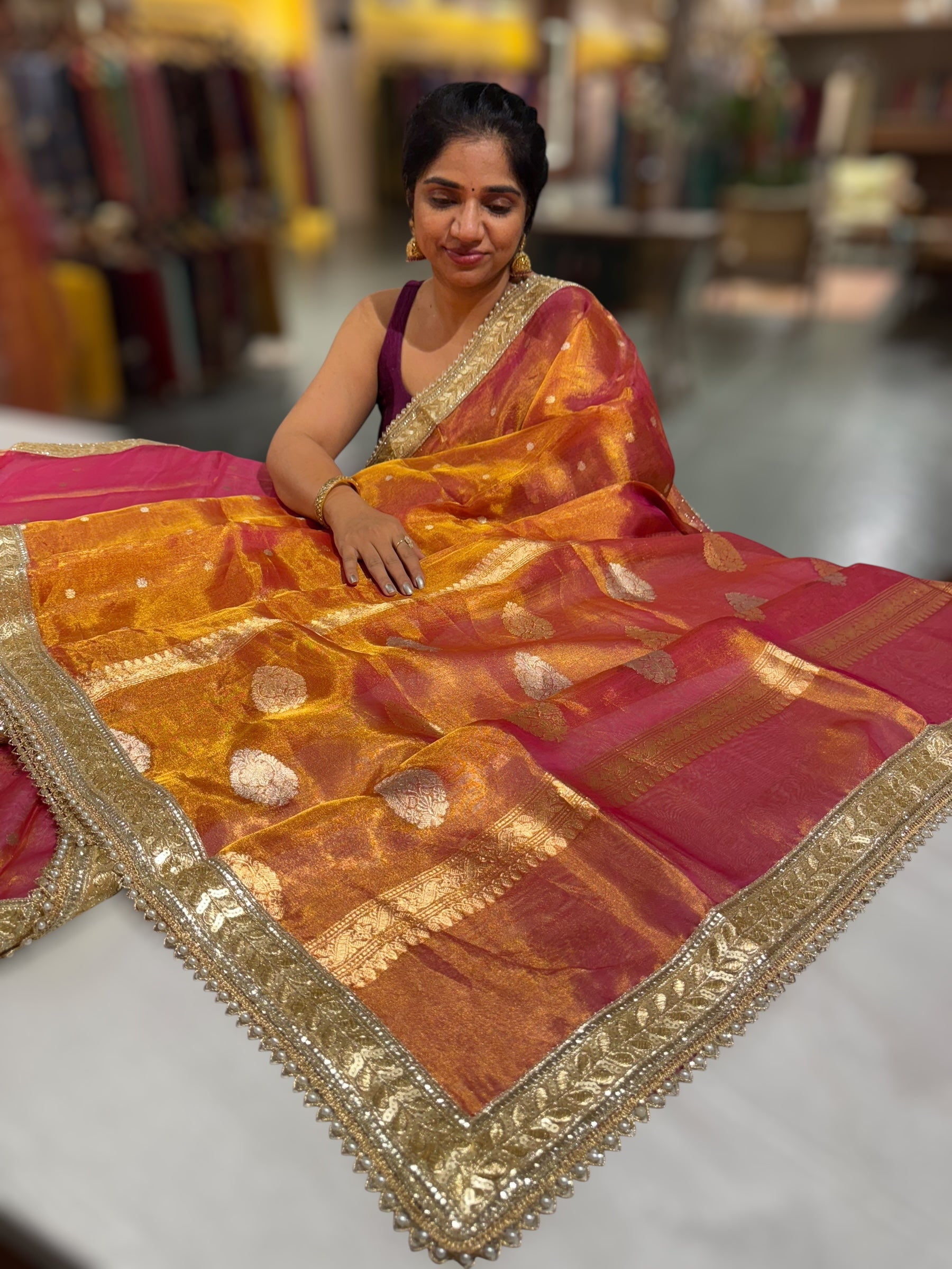 Orange & Pink dualtone Pure handloom Banarasi Tissue saree
