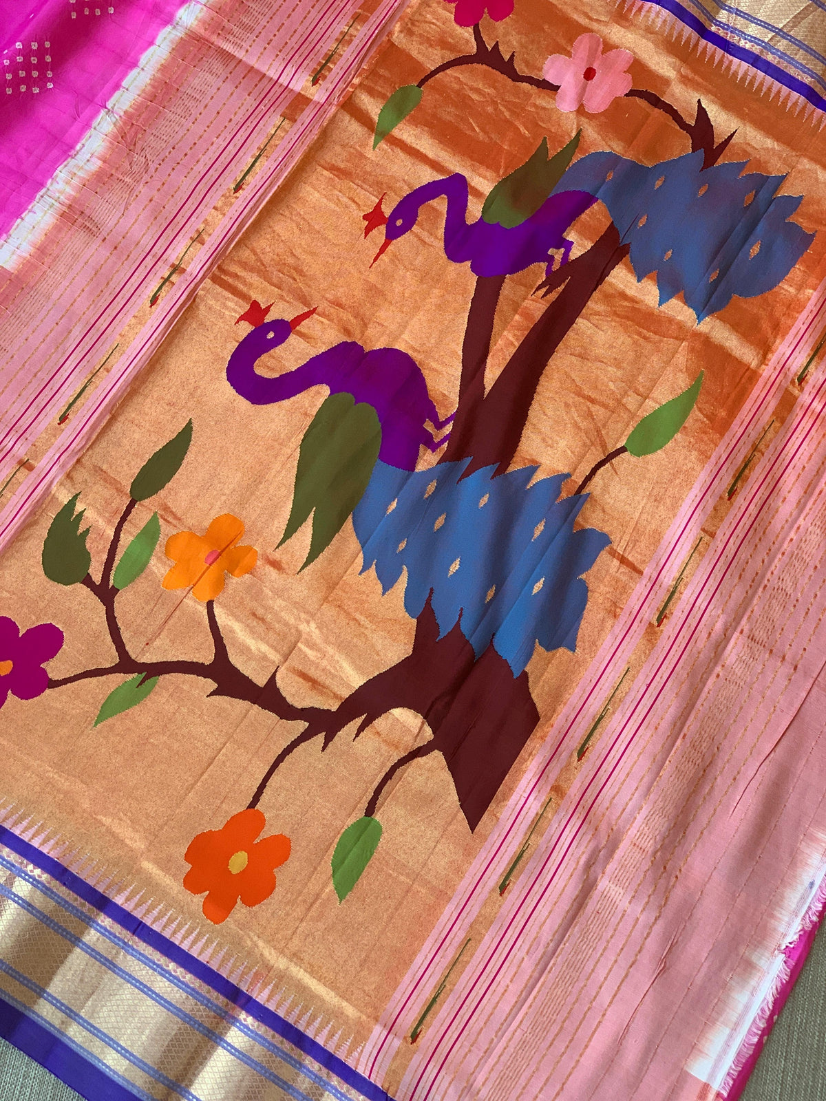 Lotus Pink Pure handloom Bandhini paithani saree